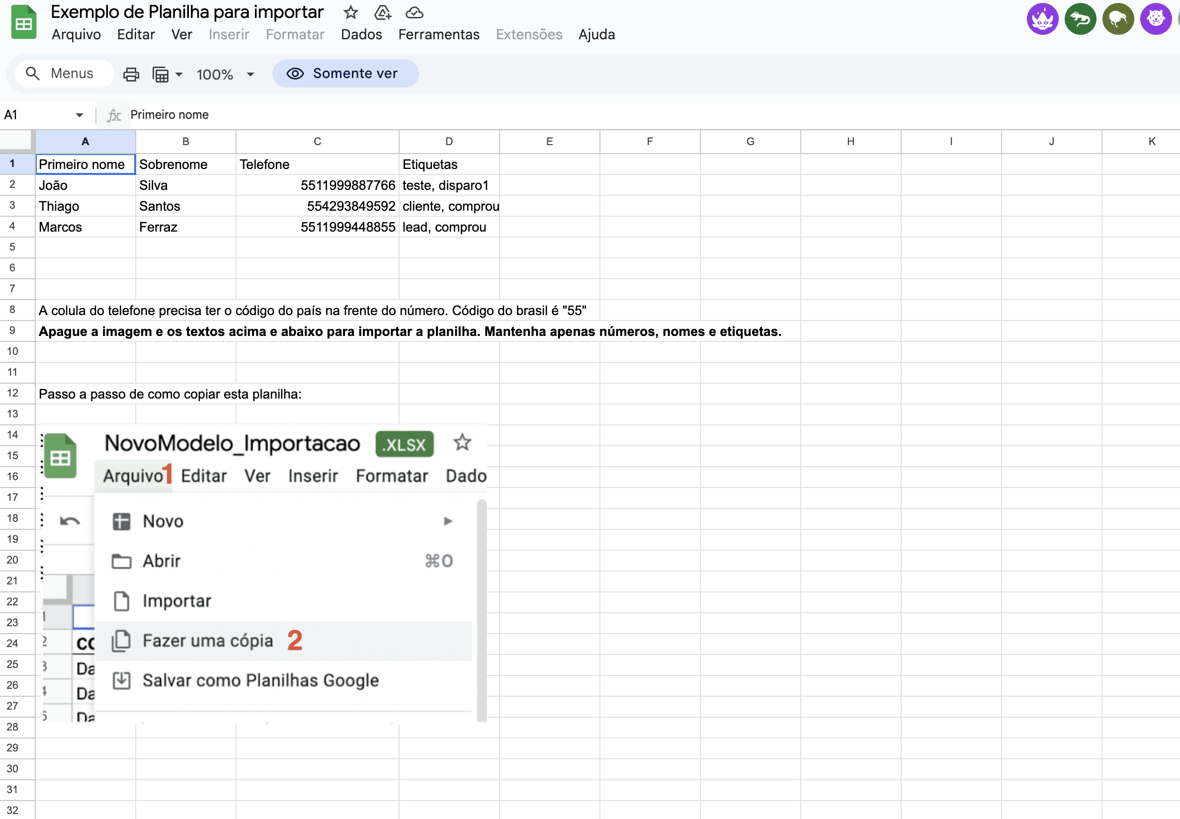 Garanta que a planilha modelo esteja EXATAMENTE dessa forma com a primeira linha escrito as palavras exatamente assim. 

**Todas as letras em minúsculo**

[Faça o DOWNLOAD da planilha ](https://docs.google.com/spreadsheets/d/11EB-_XIbZ9dO1QQcnR5qis26NMKxQYbrXZYpsmIYaJs/edit#gid=0)