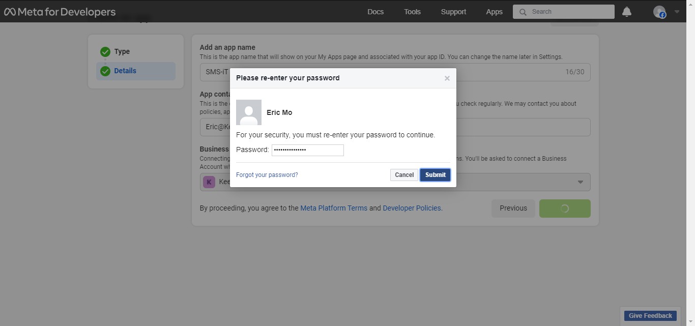 
You'll be asked for your Facebook password to create your app. Then click on "Submit"