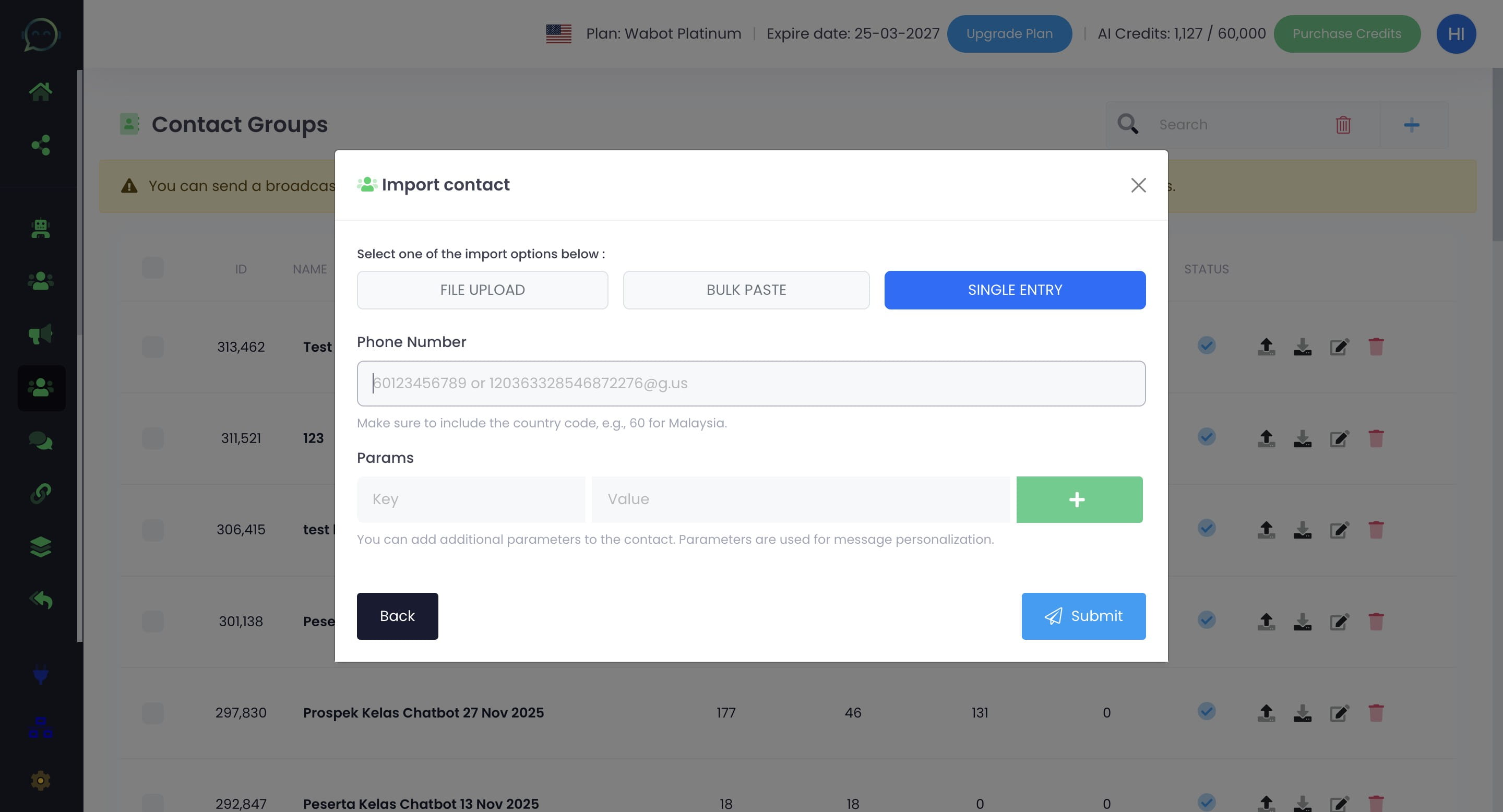 Insert the phone number