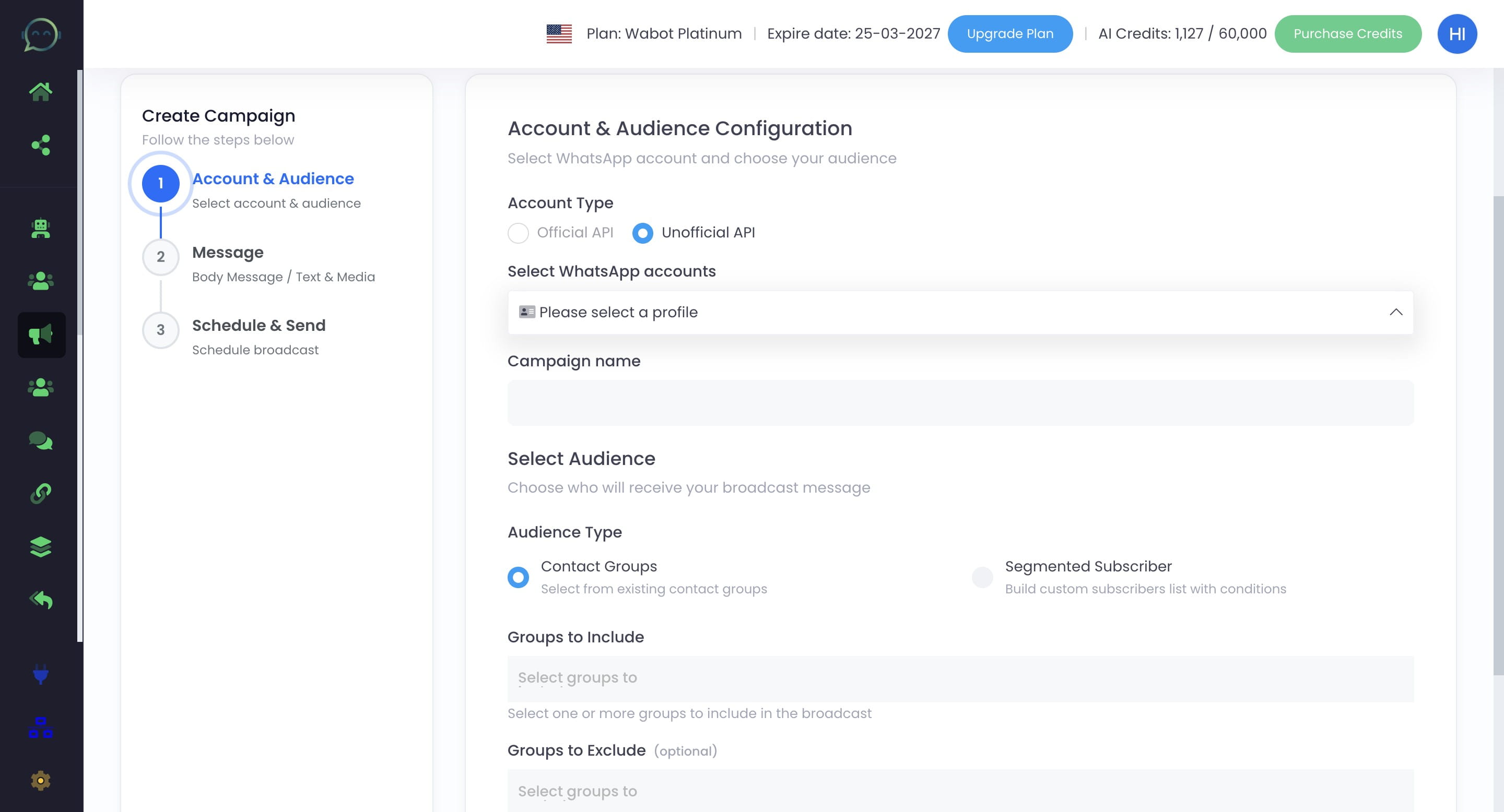 Click here to select the WhatsApp profile for blasting