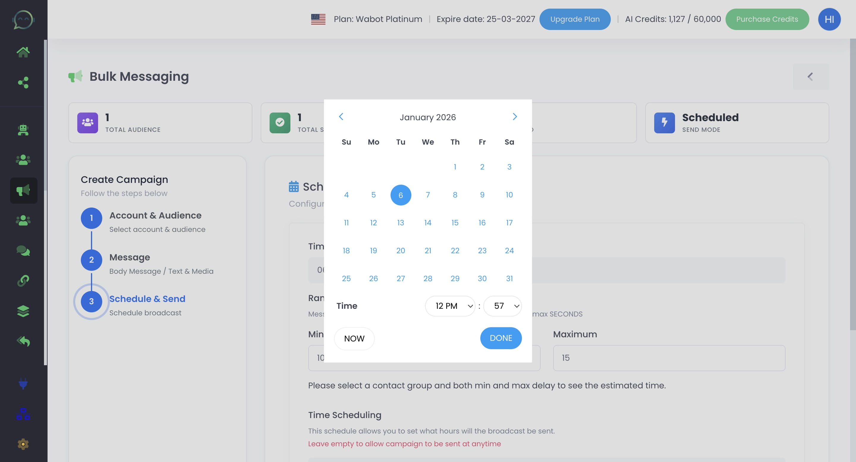 Or you can click on "Now" to blast immediately