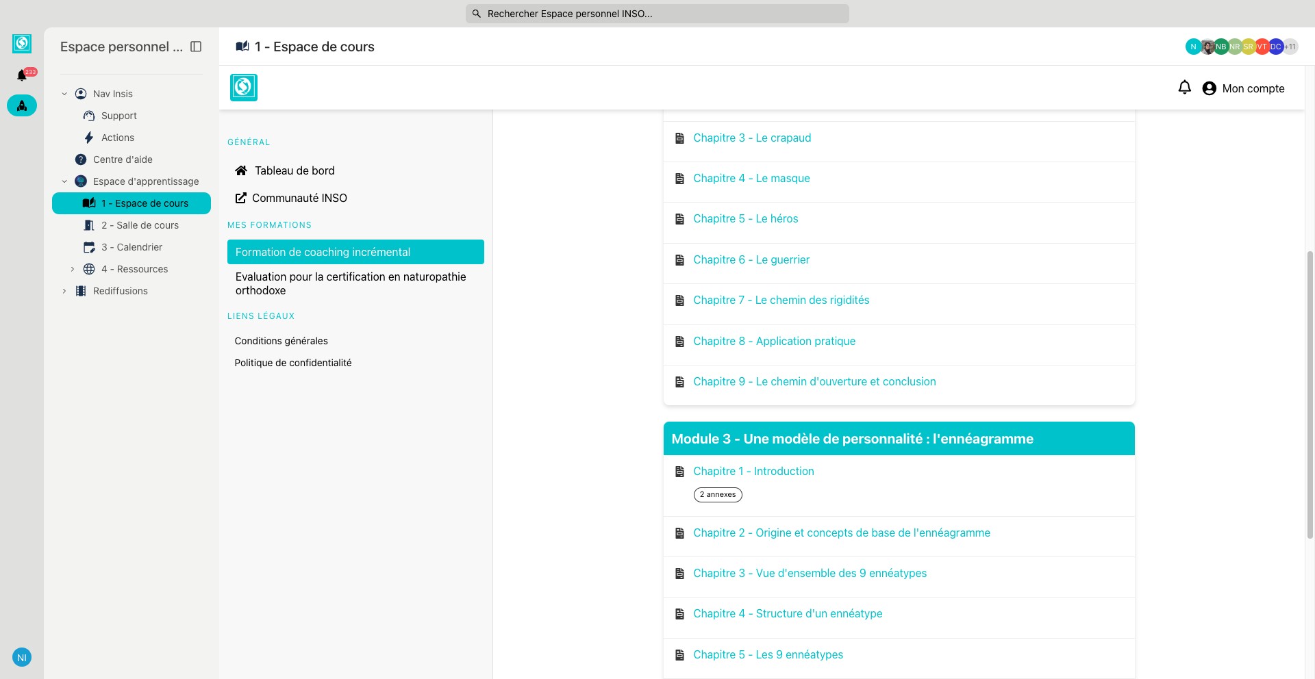 Dans l'espace d'apprentissage, vous avez l'espace de cours où se trouve les cours enregistrés.