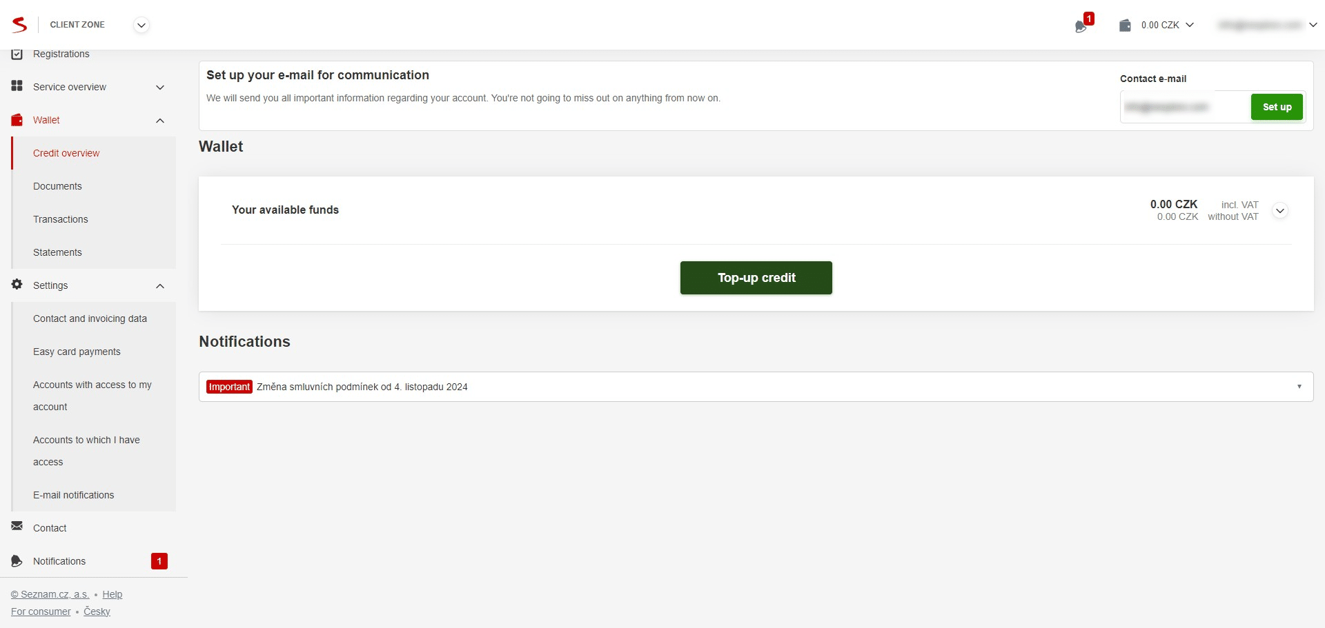 Under "Wallet" go to "Credit overview" and click on "Top-up credit"