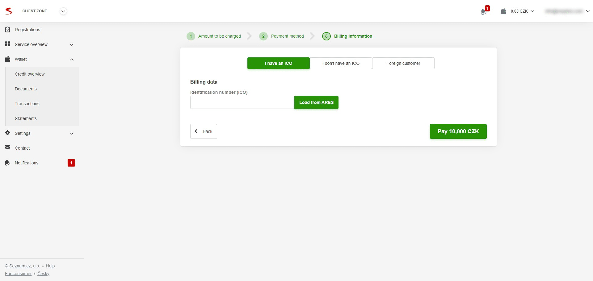 Finalize the required information if not previously filled in "Contact and invoicing data" and top-up the credit by clicking "Pay"