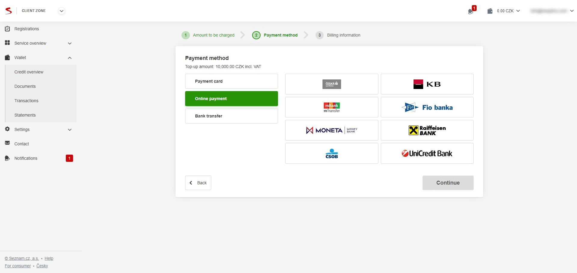 Select your preferred payment method and click "Continue"