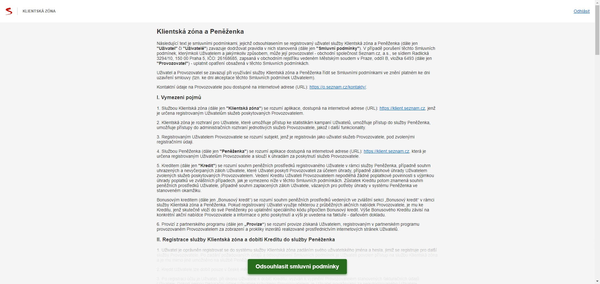 Confirm the terms and conditions by clicking "Odsouhlasit smluvní podmínky"