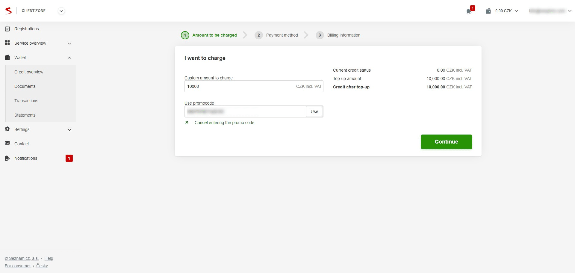 Enter the top-up amount (incl. VAT), promocode, and click "Continue"