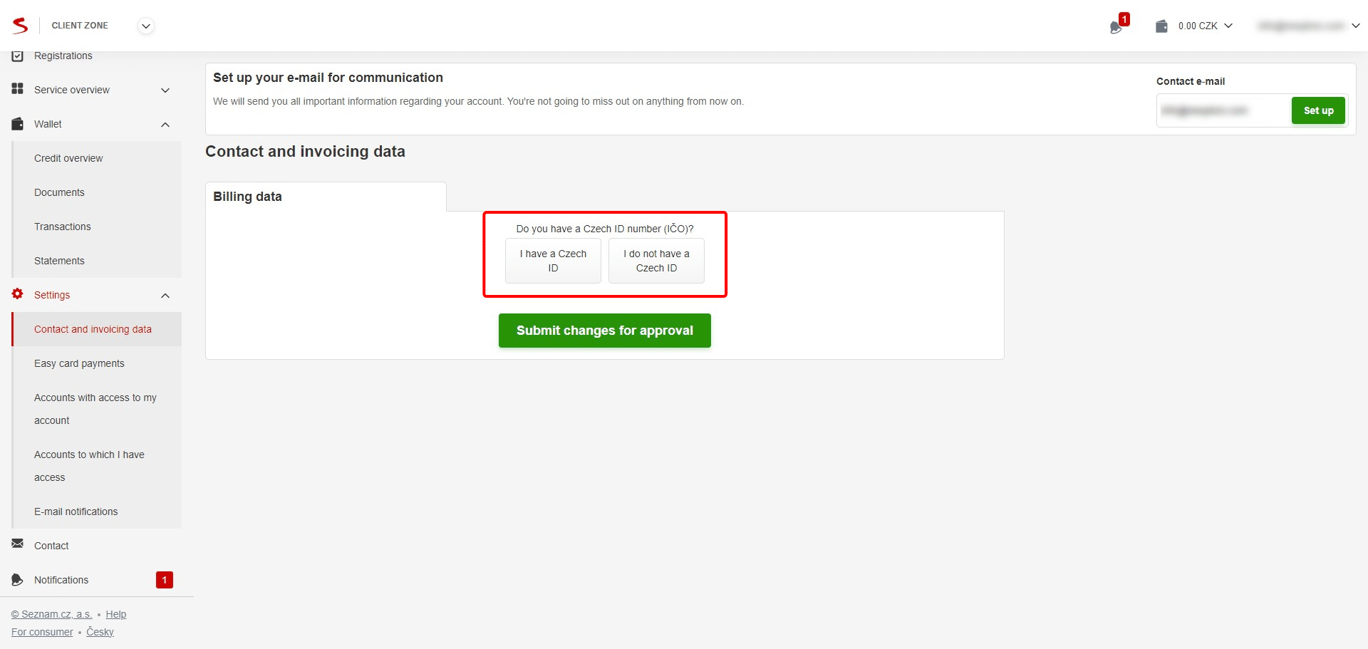 Fill out your Contact and invoicing data accordingly and "Submit changes for approval"