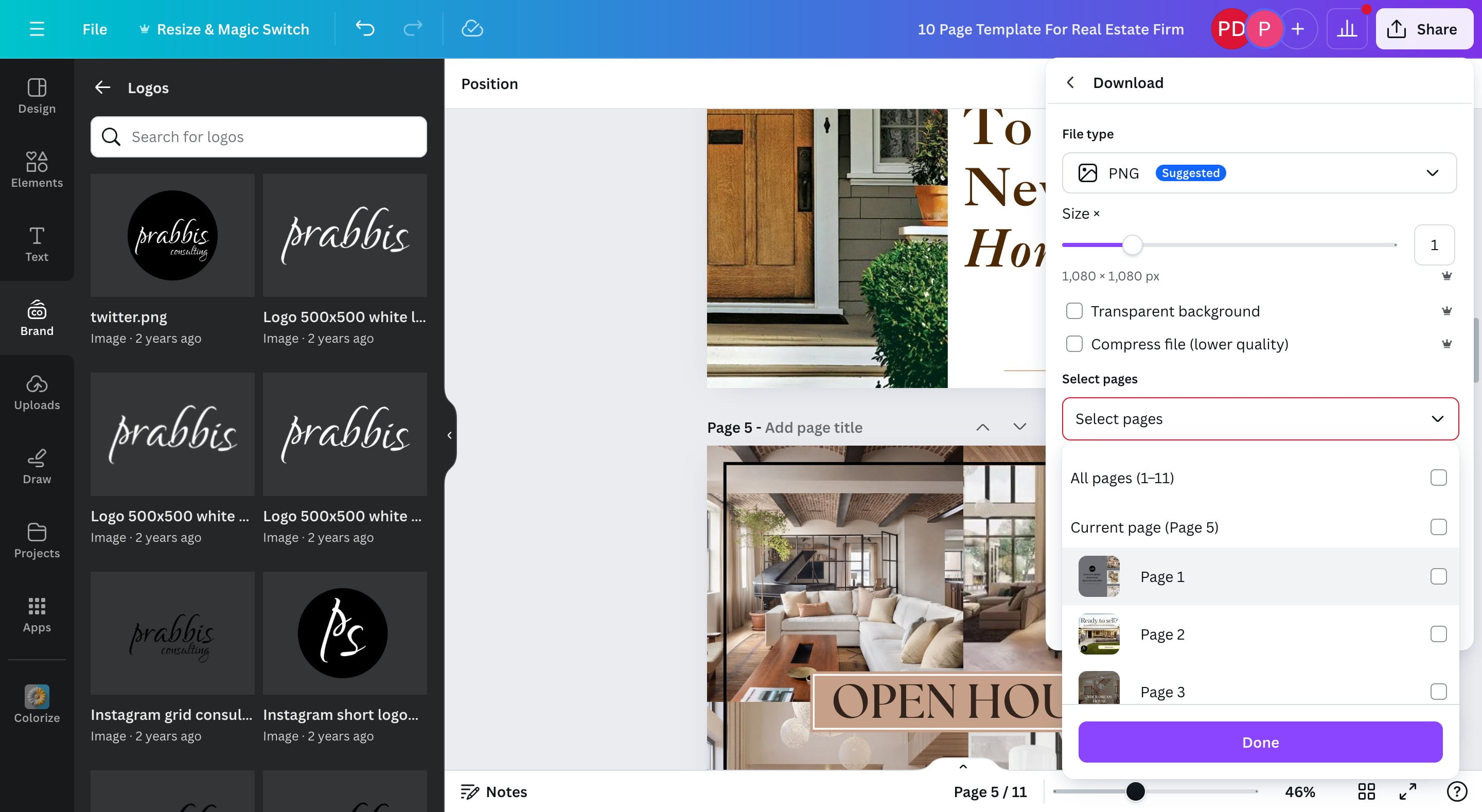 Select a page or click on All pages