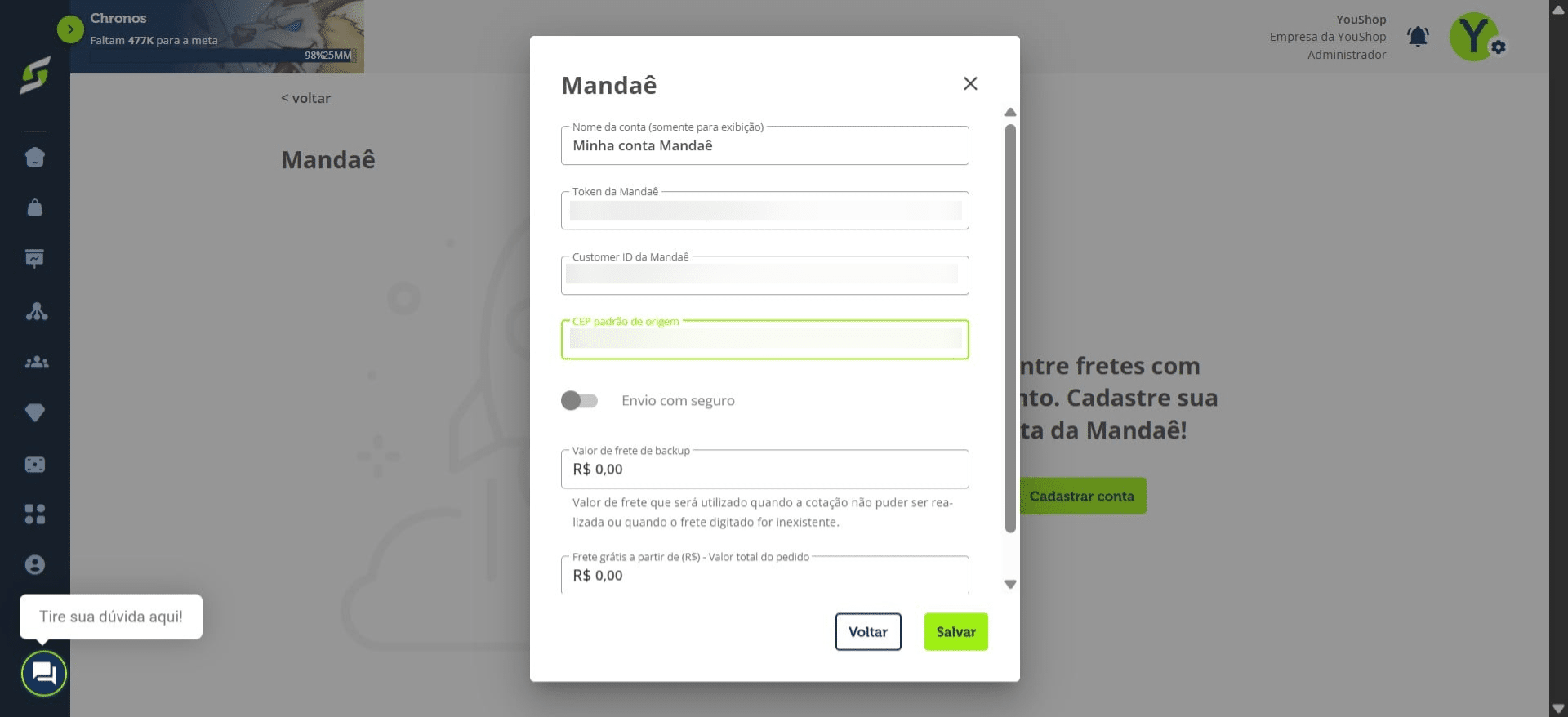 Ative a opção "Envio com seguro", caso deseje.