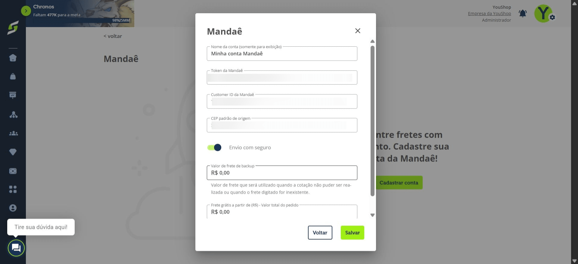 Se quiser, configure um frete de backup para casos em que a integração não funcione corretamente.
