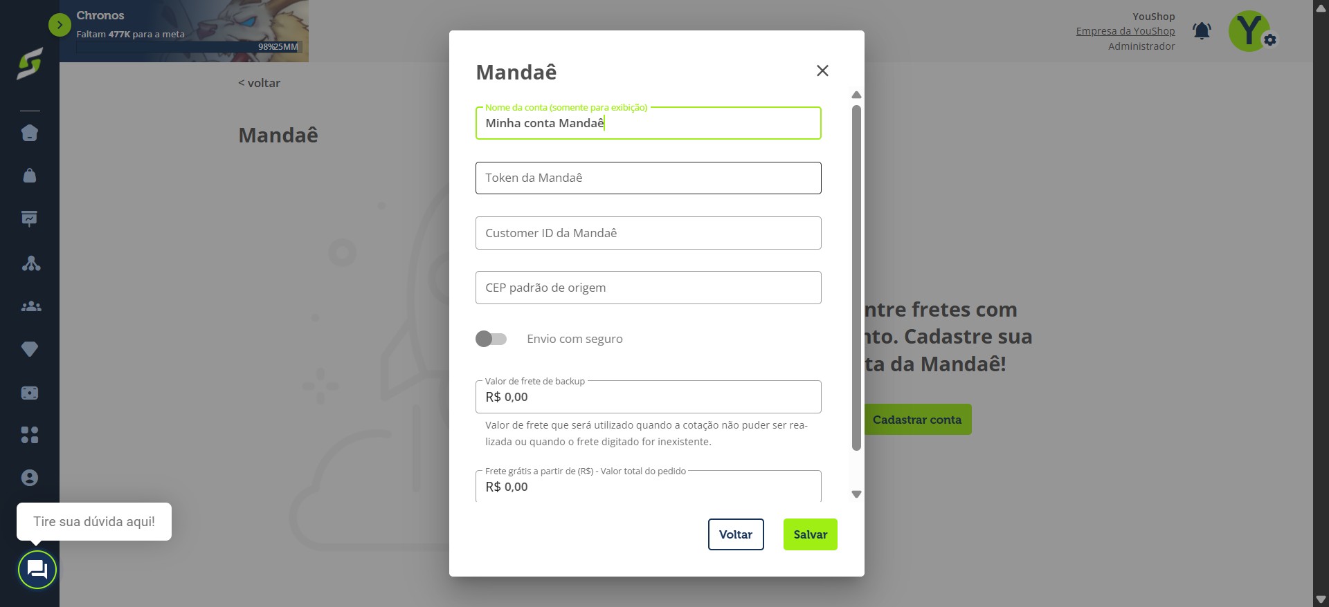 Insira o token obtido na Mandaê.