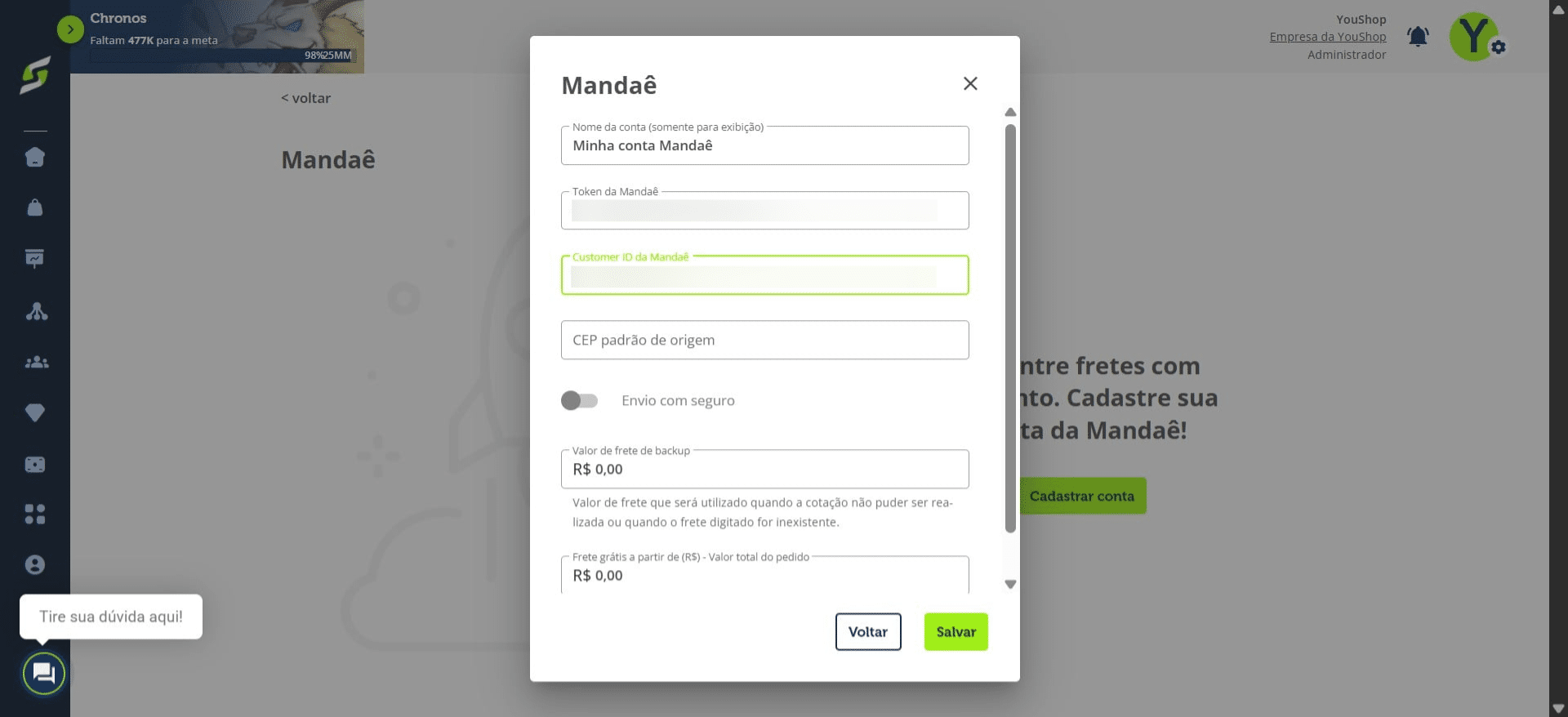 Adicione o CEP de origem dos envios.