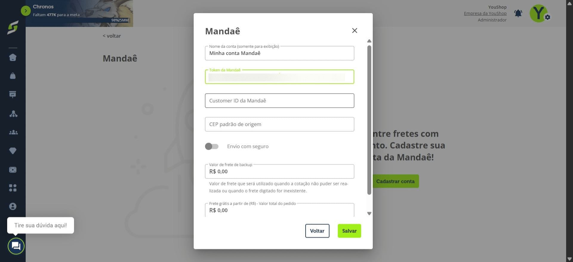 Informe o seu Customer ID da Mandaê.