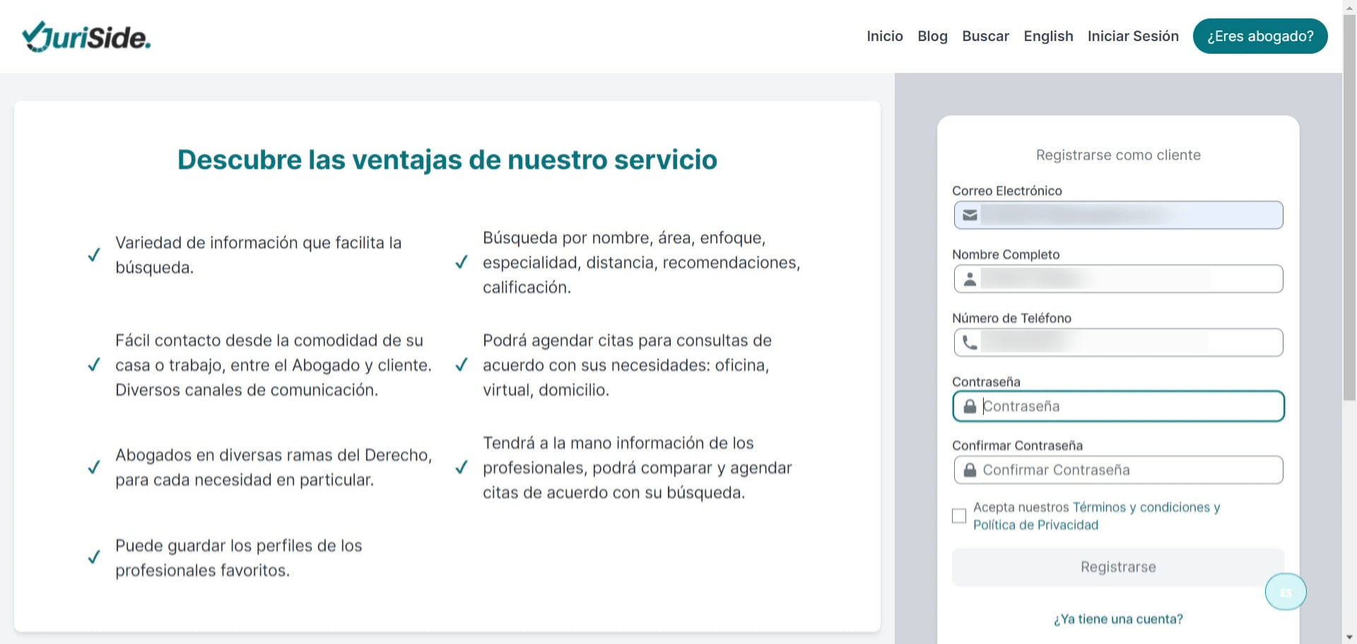 Crear contraseña que tenga 8 o más caracteres.