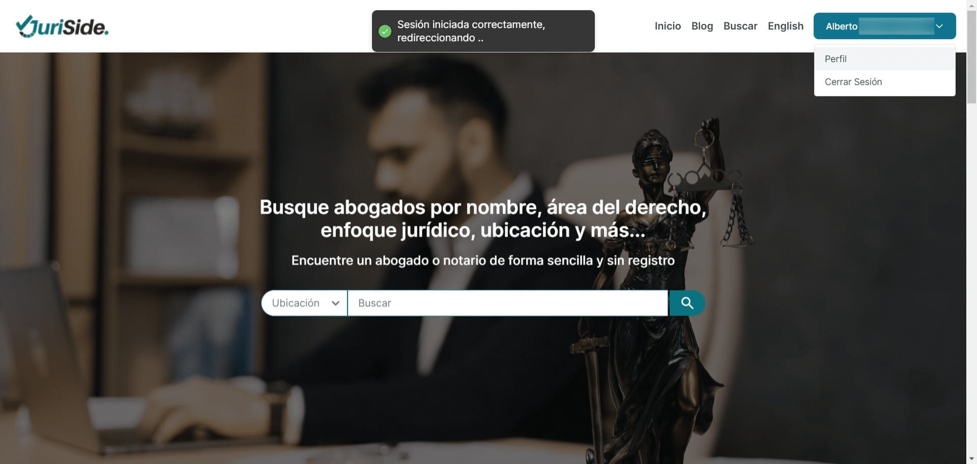 Felicidades, ahora puedes acceder a tu perfil y disfrutar de los beneficios que te ofrece Juriside. Podrás seleccionar profesionales como favoritos, realizar consultas mediante formulario, verificar la disponibilidad en la agenda del profesional, entre otros.