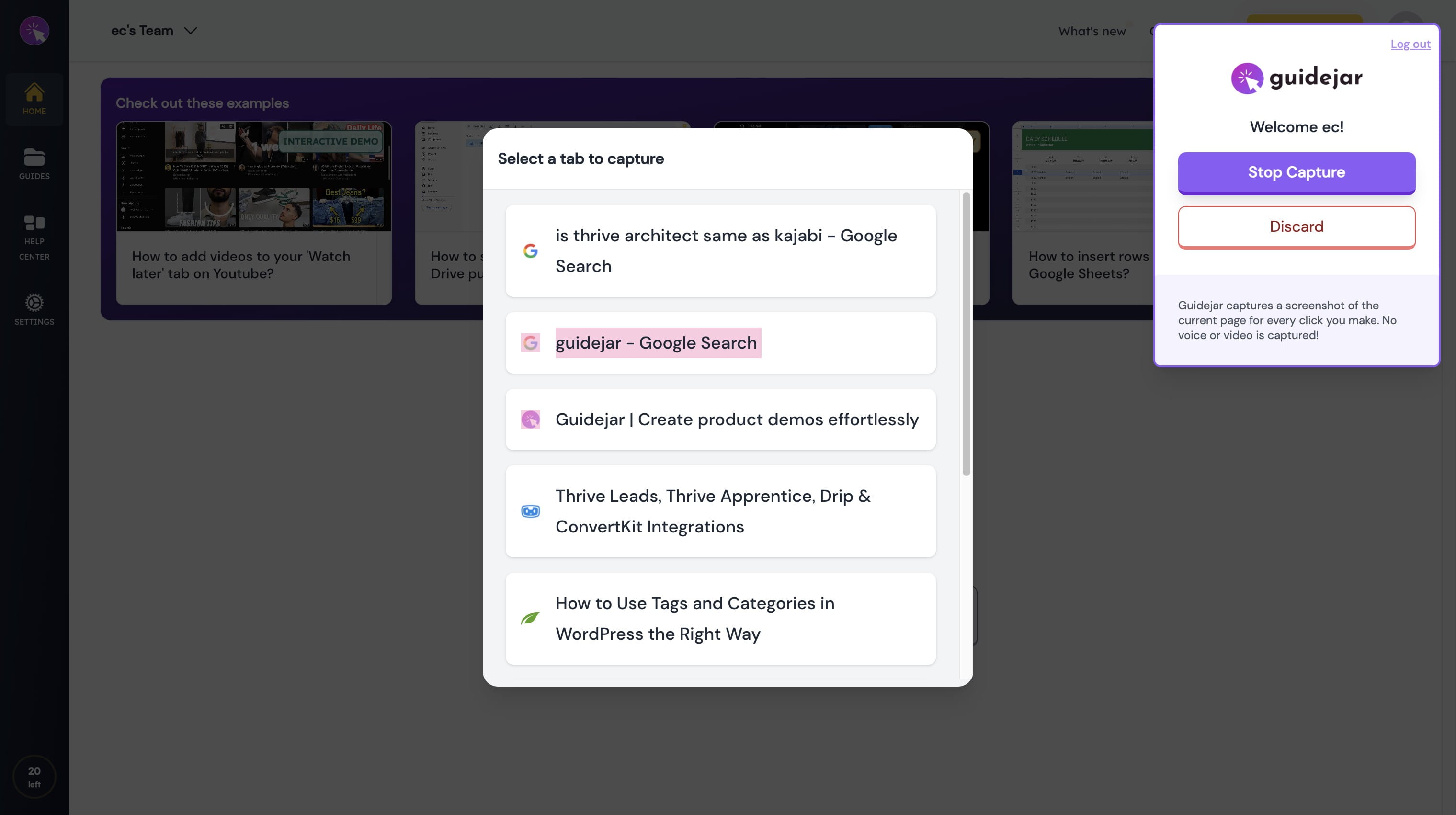 Click on "Select a tab to capture"