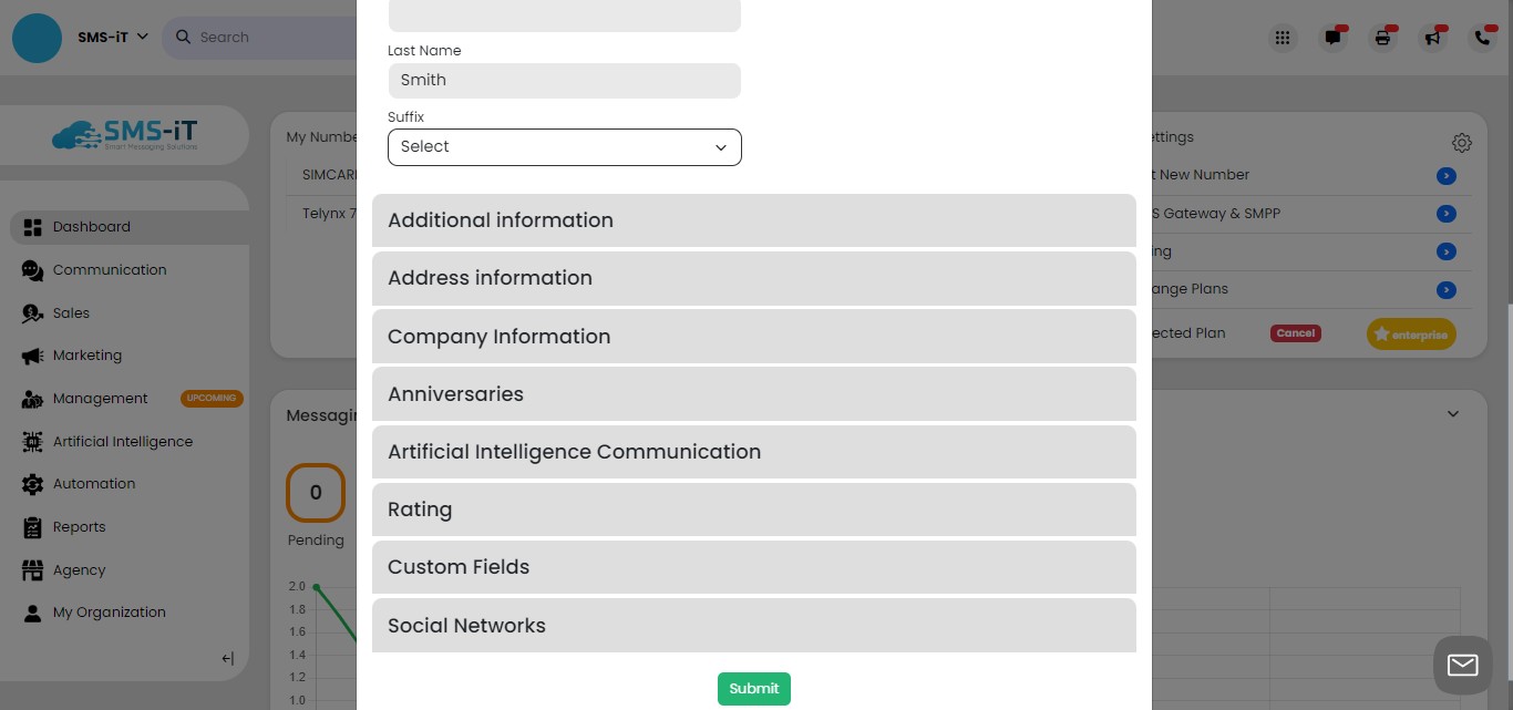 
In addition to the mandatory fields, there are several other information fields available for you to fill out. Clicking on the grey panels will reveal more options such as other phone numbers, fax addresses, company information, anniversaries, AI settings, ratings, custom fields, and social network handles like WhatsApp and Facebook Messenger. These additional fields allow you to capture a comprehensive profile of your contacts, enabling you to better understand and engage with them throughout their customer journey.