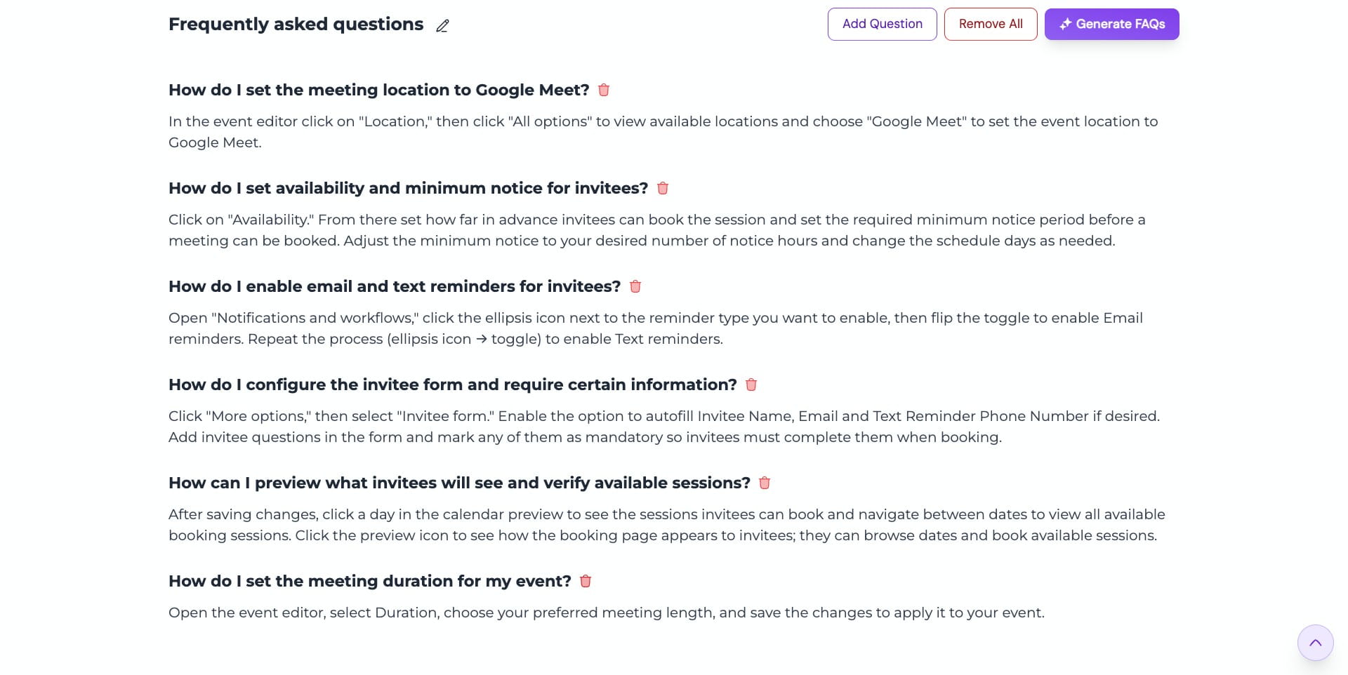 To delete an FAQ, click the "**Trash**" icon and it will be permanently removed