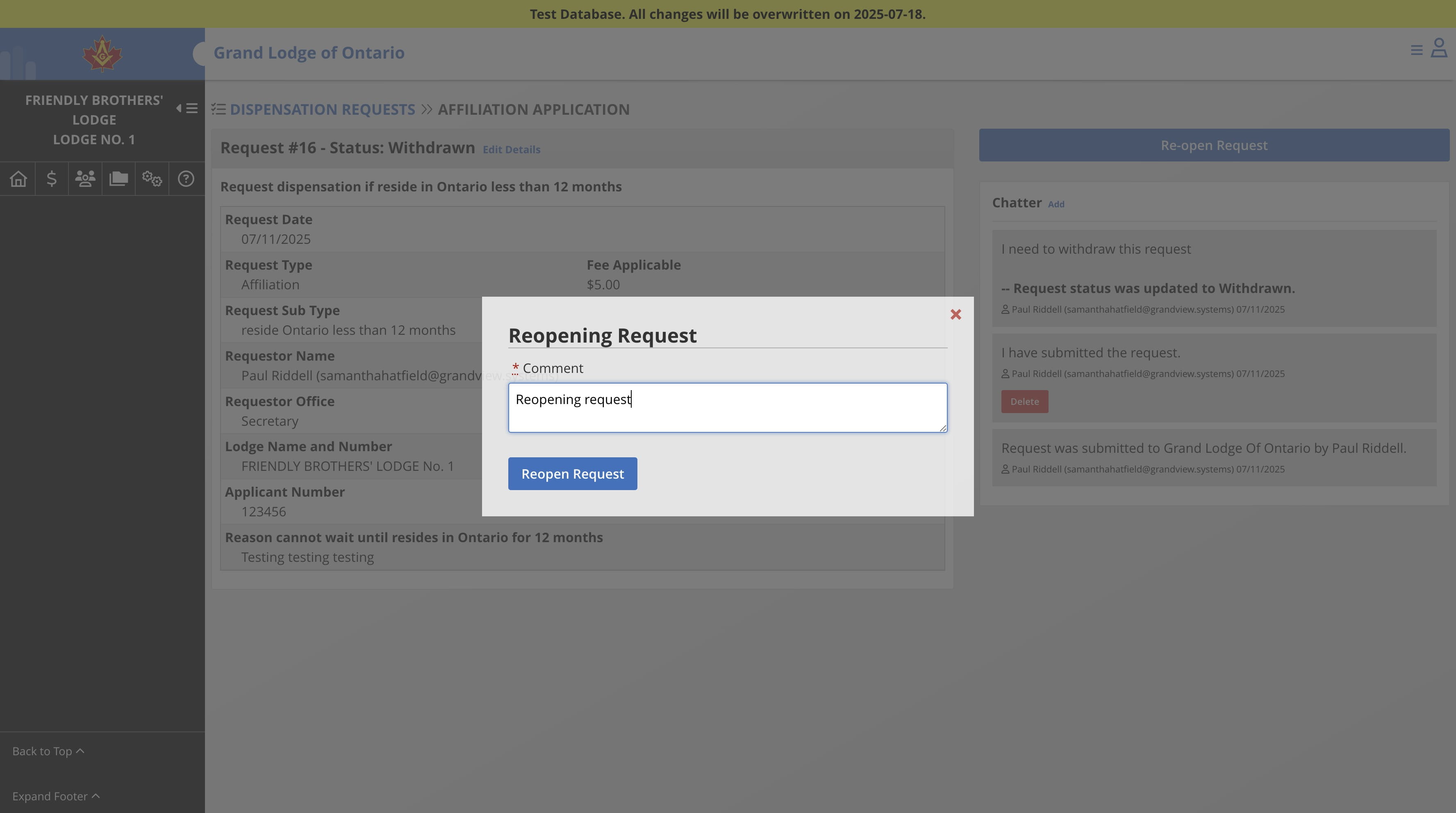 Enter a comment, i.e. reasons to reopen the request