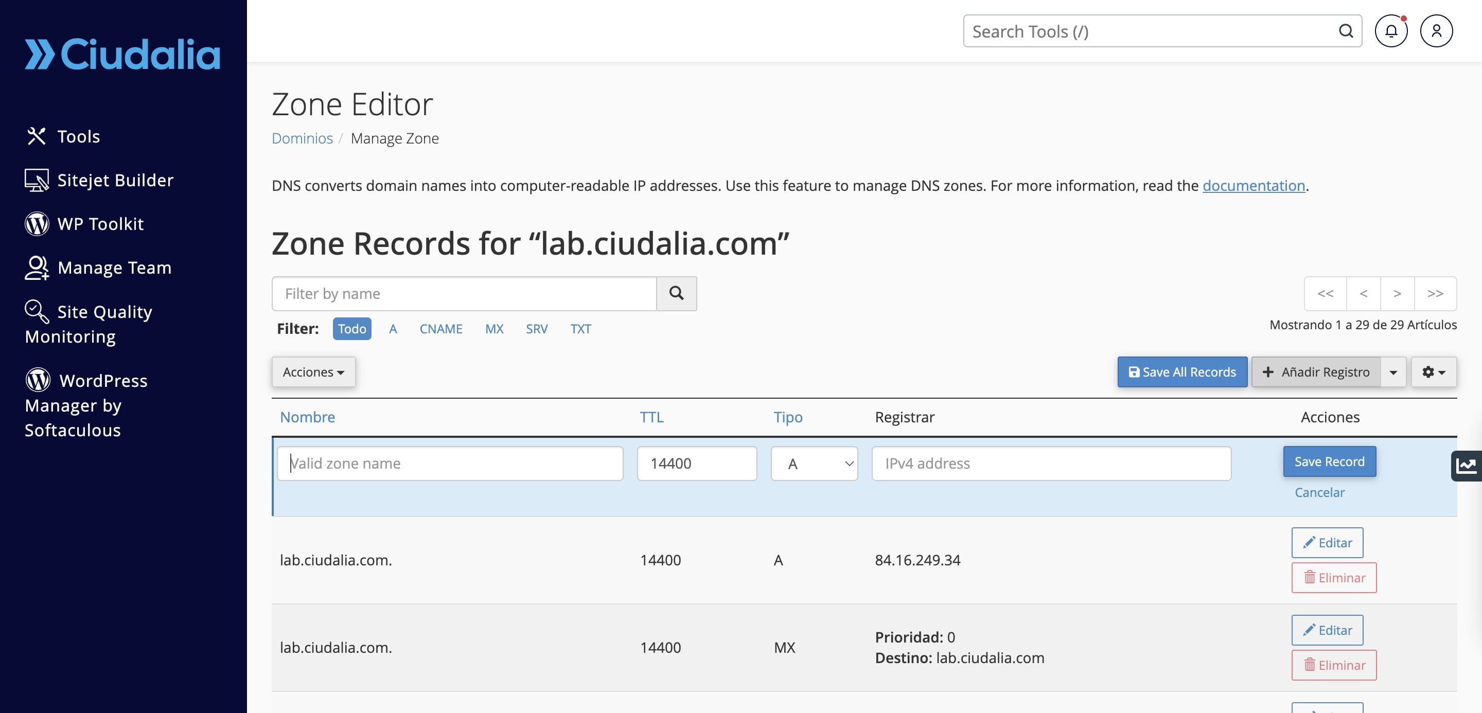 Introduce el nombre de la zona