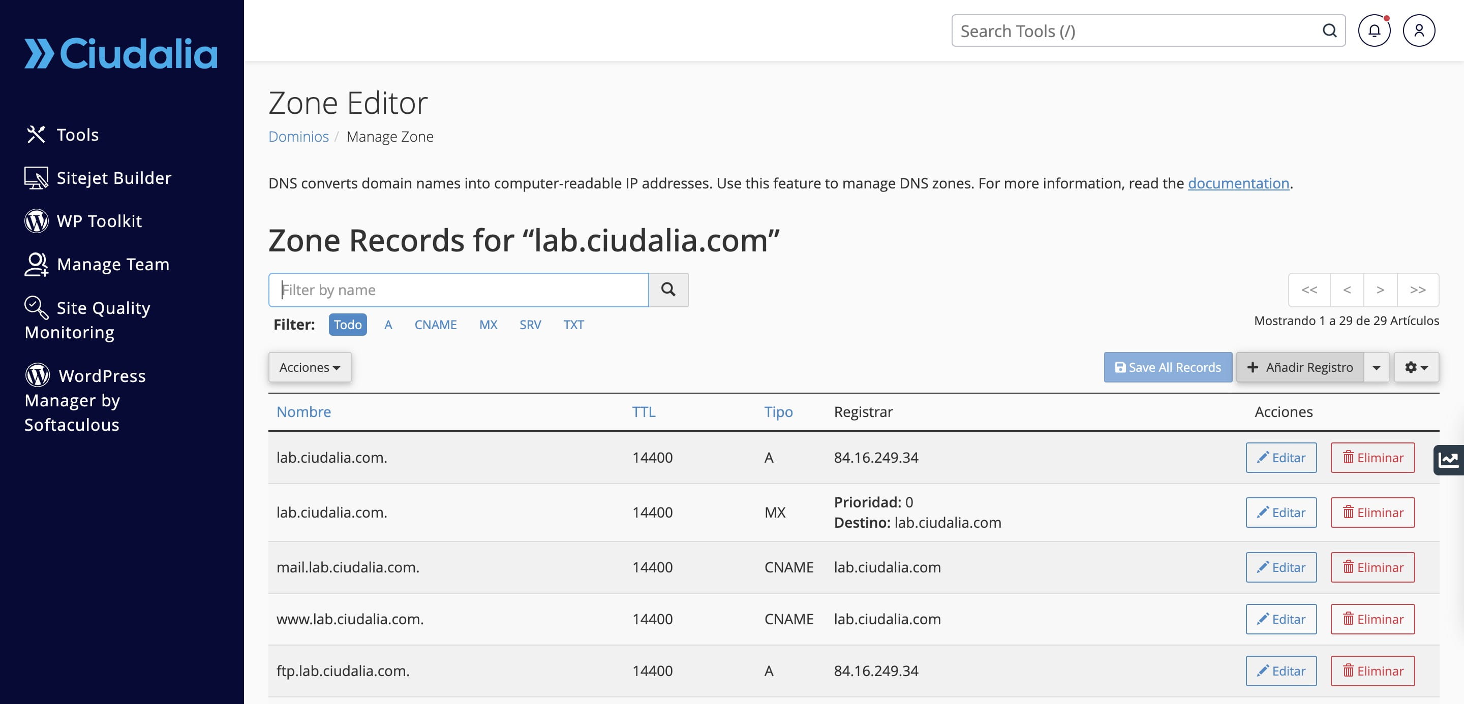Si necesitas añadir un registro, haz click en añadir registro