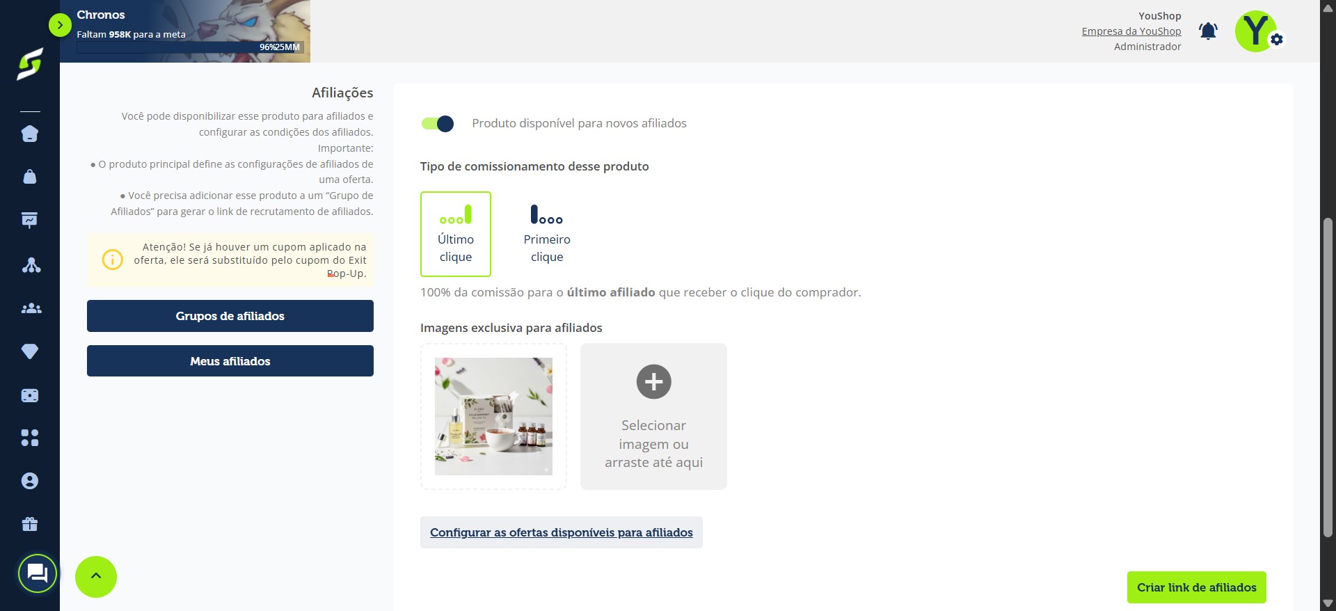 Para escolher quais ofertas ficarão disponíveis, clique em
Configurar as ofertas disponíveis para afiliados.