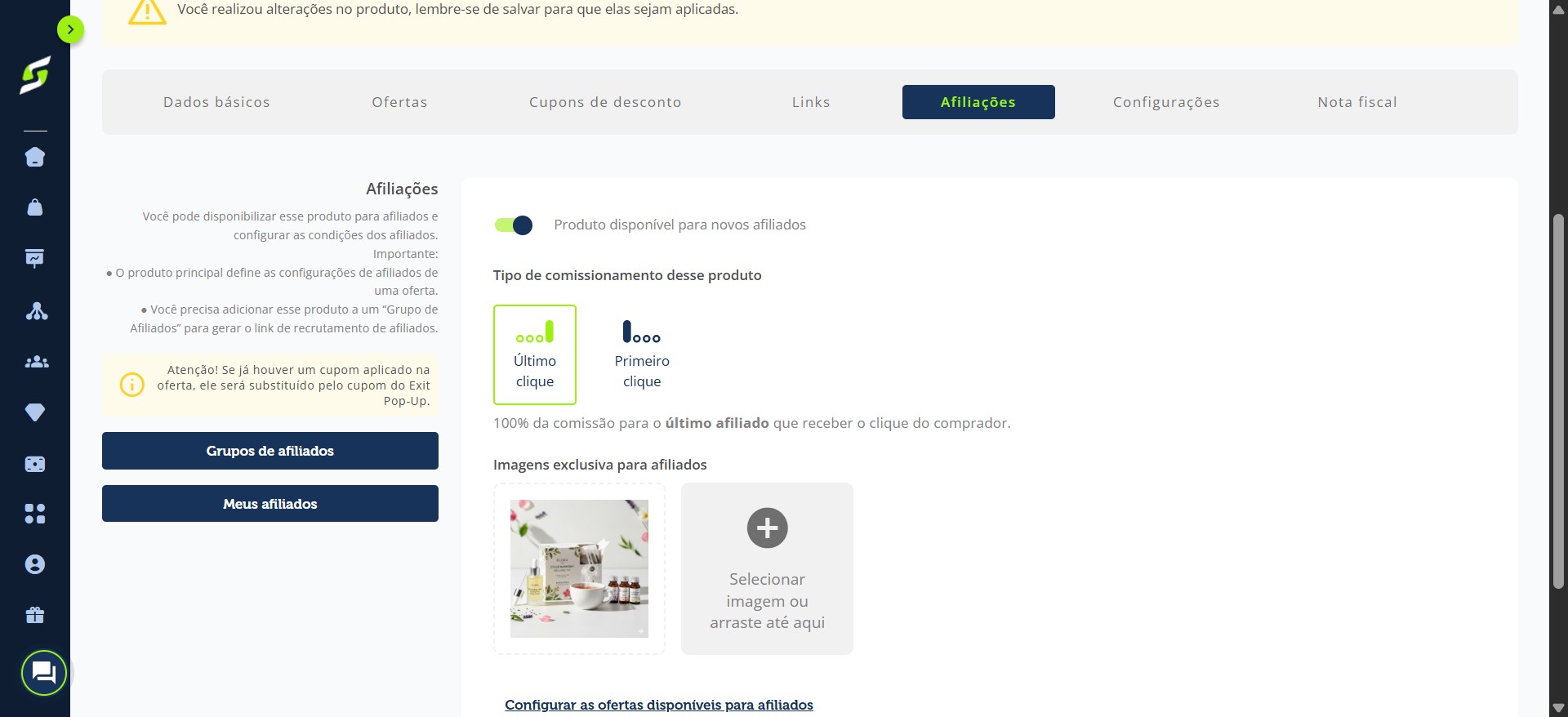 Defina o tipo de comissionamento do produto e adicione uma imagem para os afiliados.