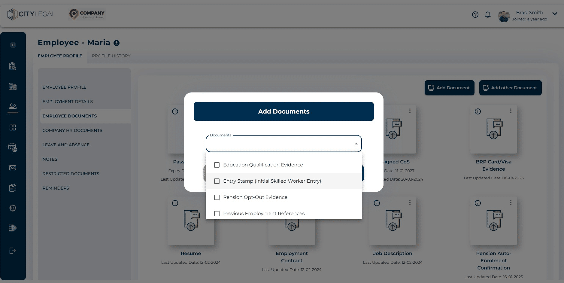 Click on the document you want to add for this particular employee. For example: Entry Stamp (Initial Skilled Worker Entry)