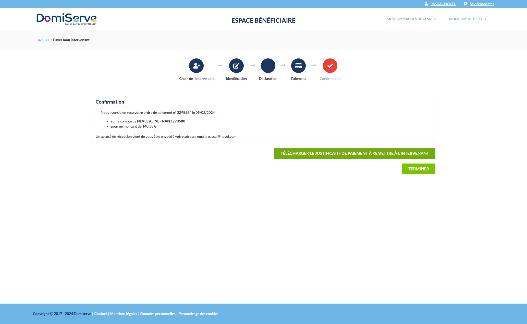 Click on "Télécharger le justificatif de paiement à remettre"