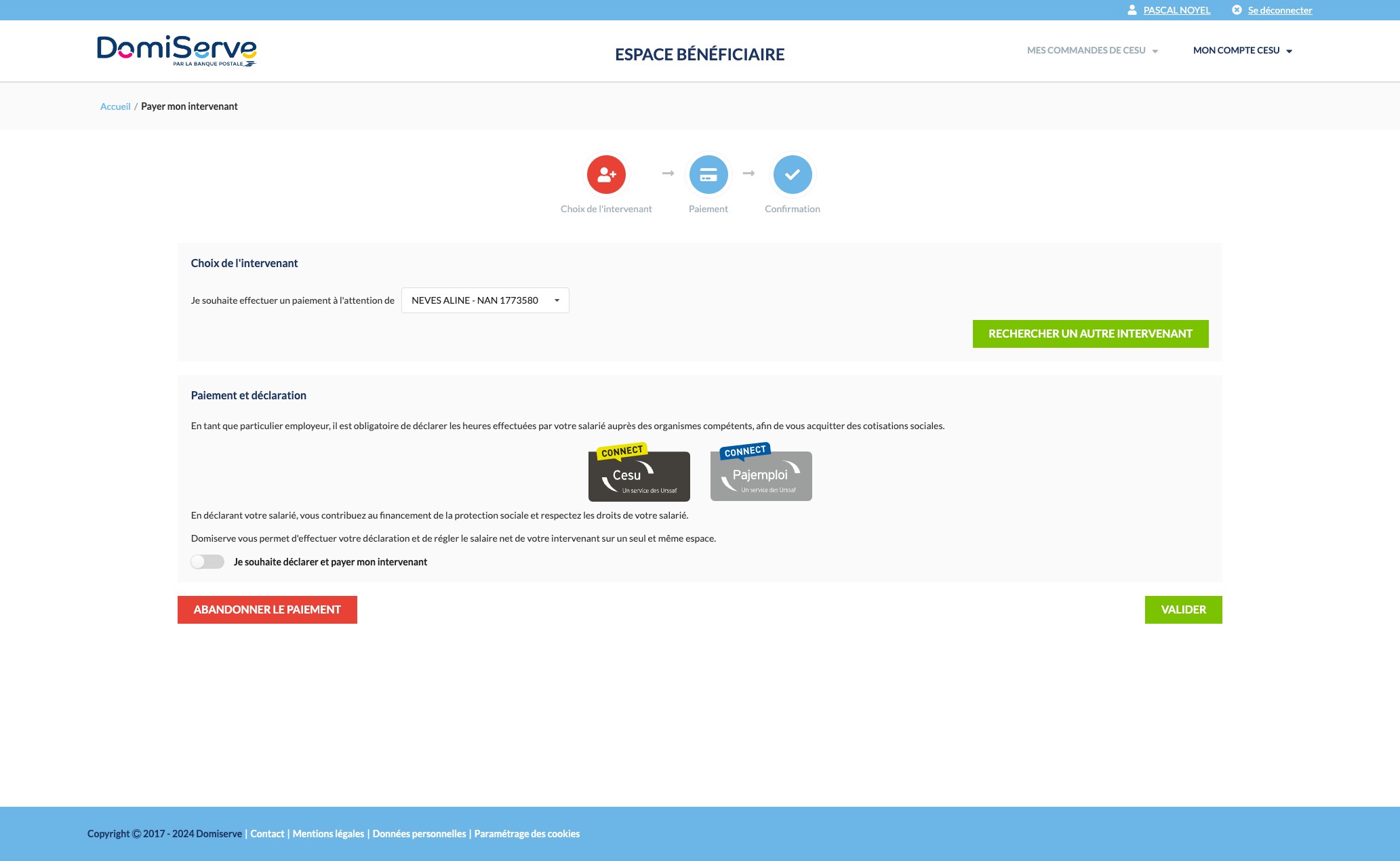 Click on "Je souhaite déclarer et payer mon intervenant"