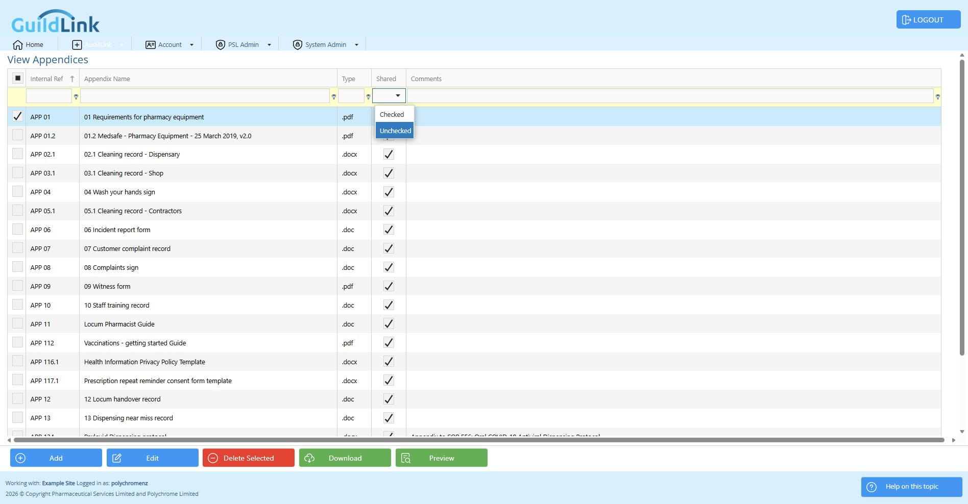 Click on "Unchecked" to see appendices for your pharmacy, documents you have uploaded.
