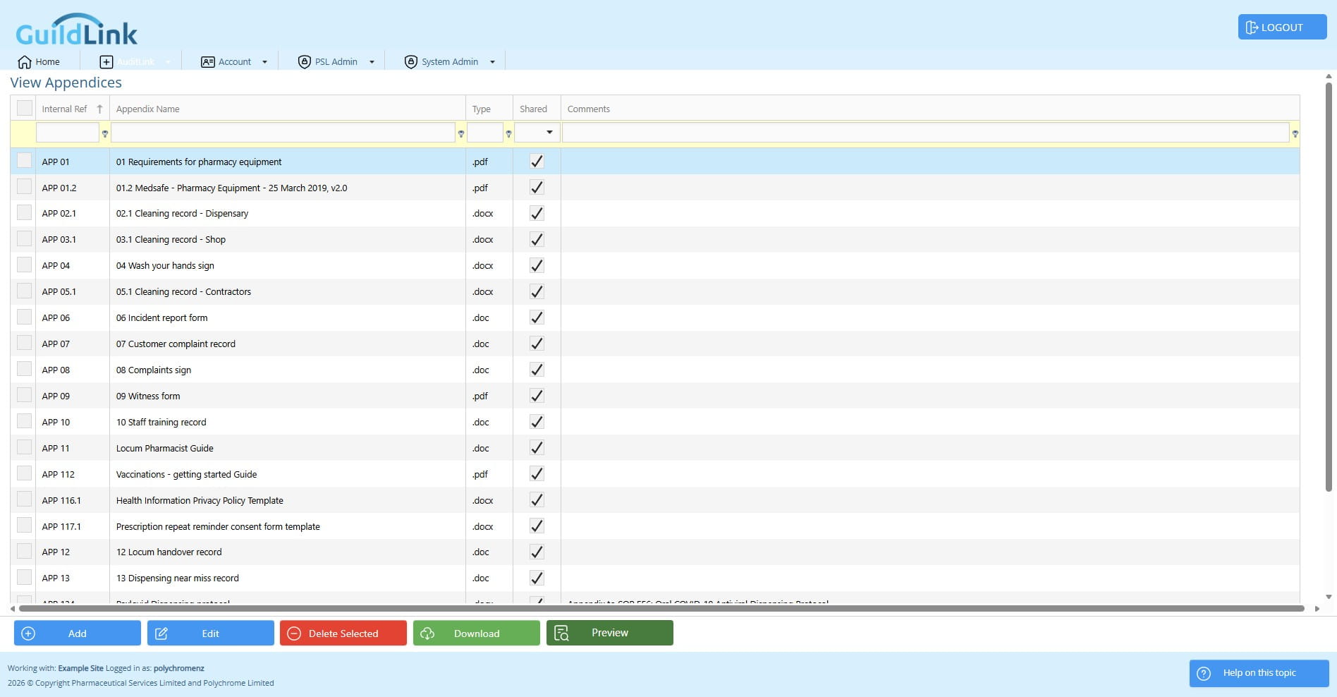 Click on "Preview" to view a list of all the appendices in the system.