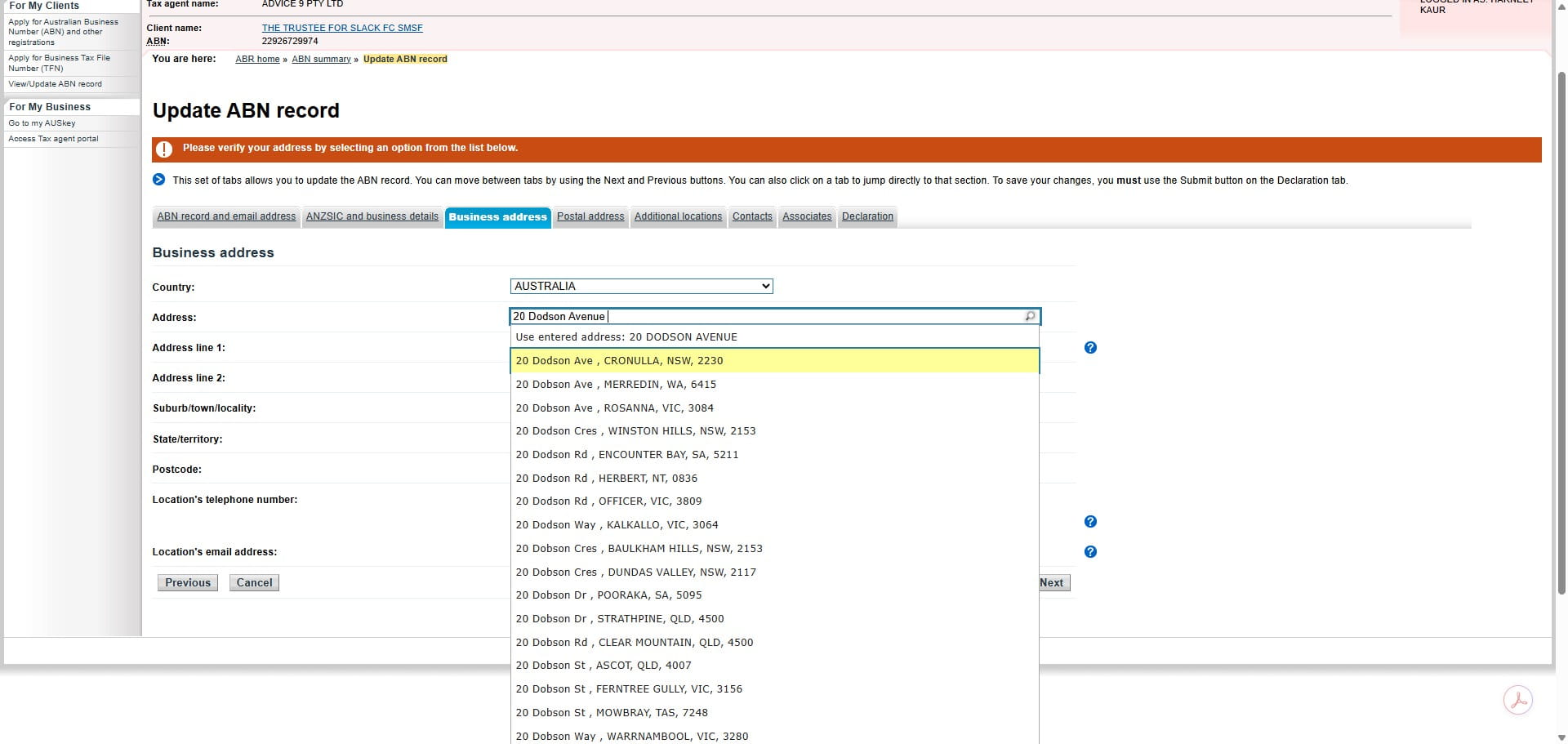 Verify the address from Dropdown