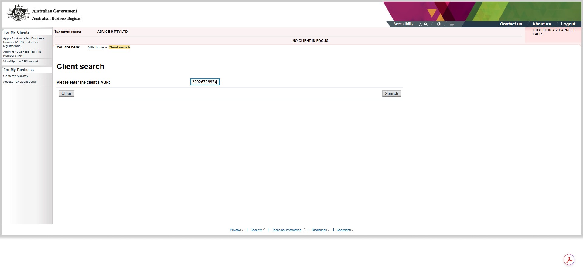 Paste the ABN or write the ABN and click search