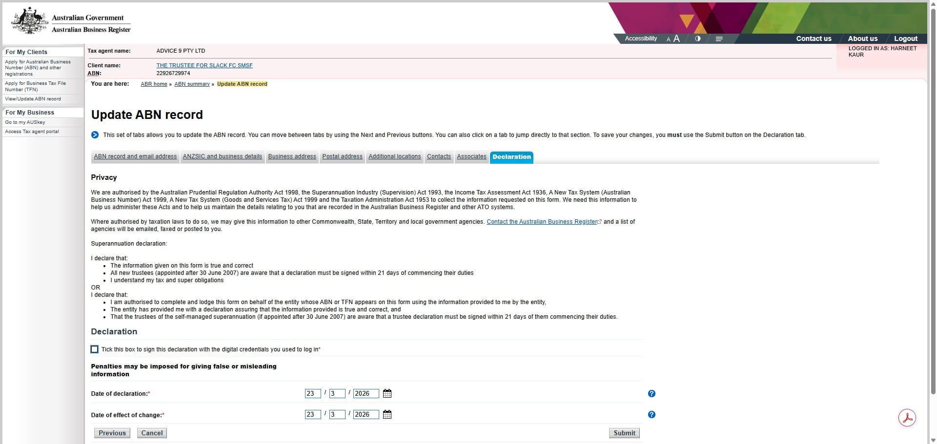 Make sure the date of effect of change matches with the ASIC forms signed in Nowinfinity