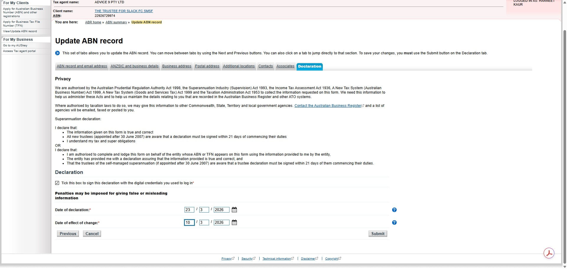 Change the date of effect of change as per the ASIC form and click Submit. In this case it should be 13.03.2026.