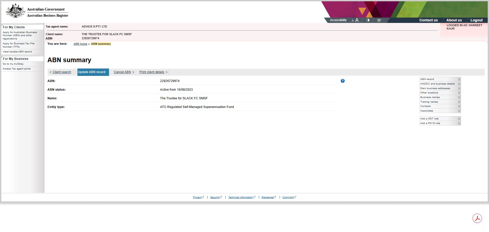 Click on "Update ABN record"