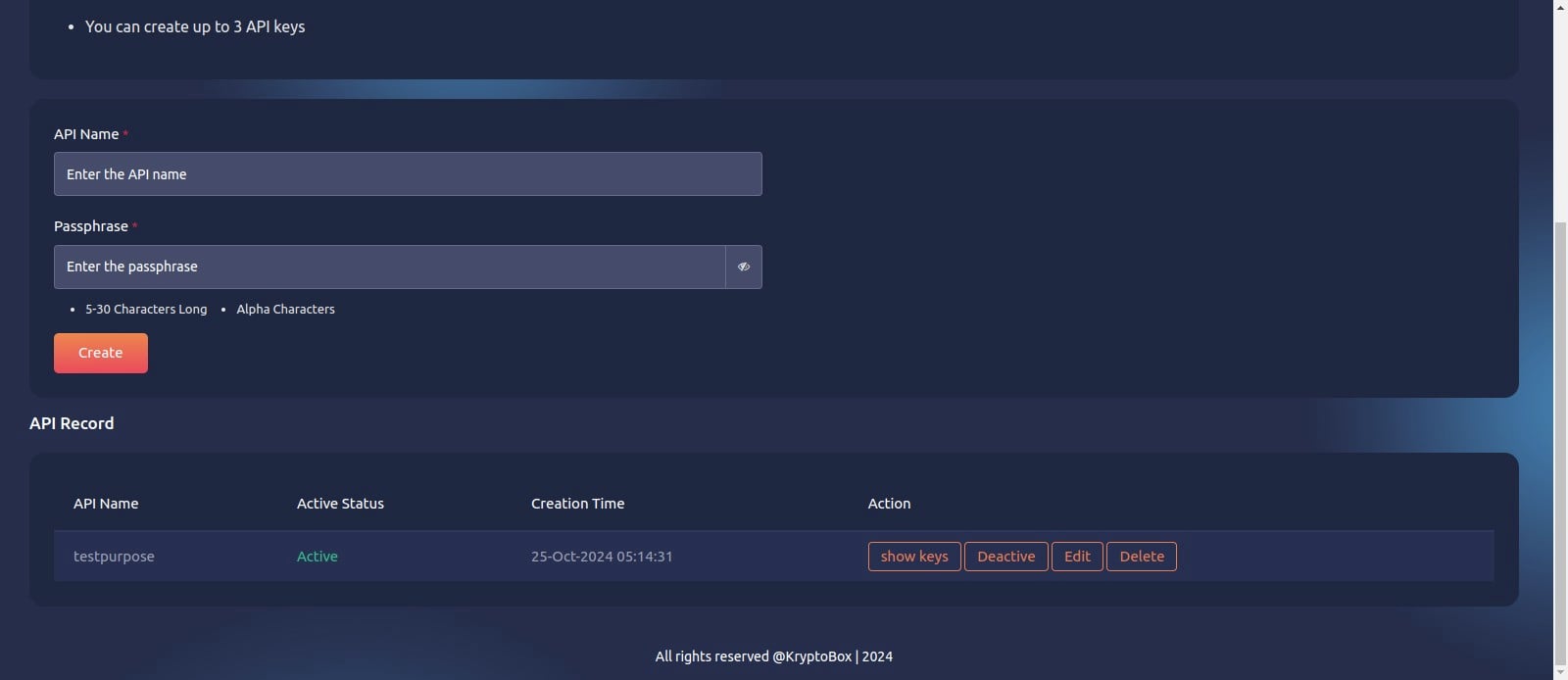 Click on "show keys"