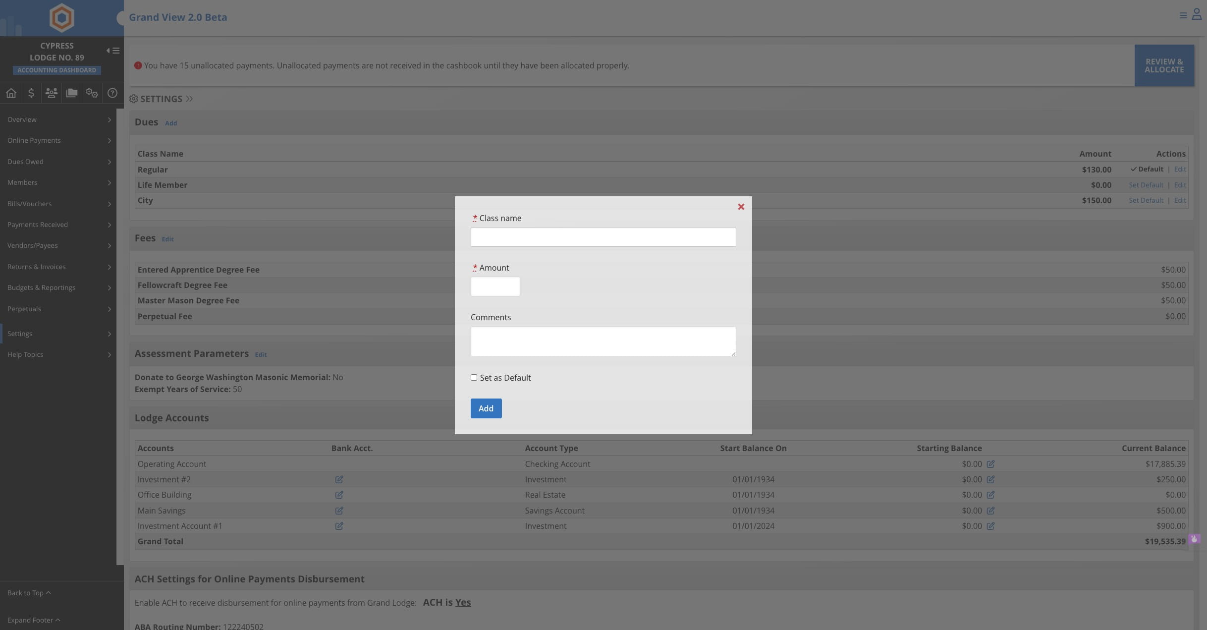 Enter the new dues class name and amount