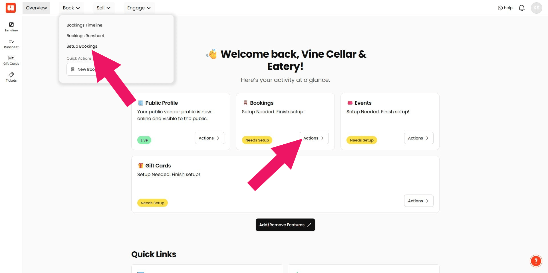 To get started with setting up your bookings, you'll want to head over to your Bookings Setup, from your overview page this can be found in a couple of spots. Here in the top menu.