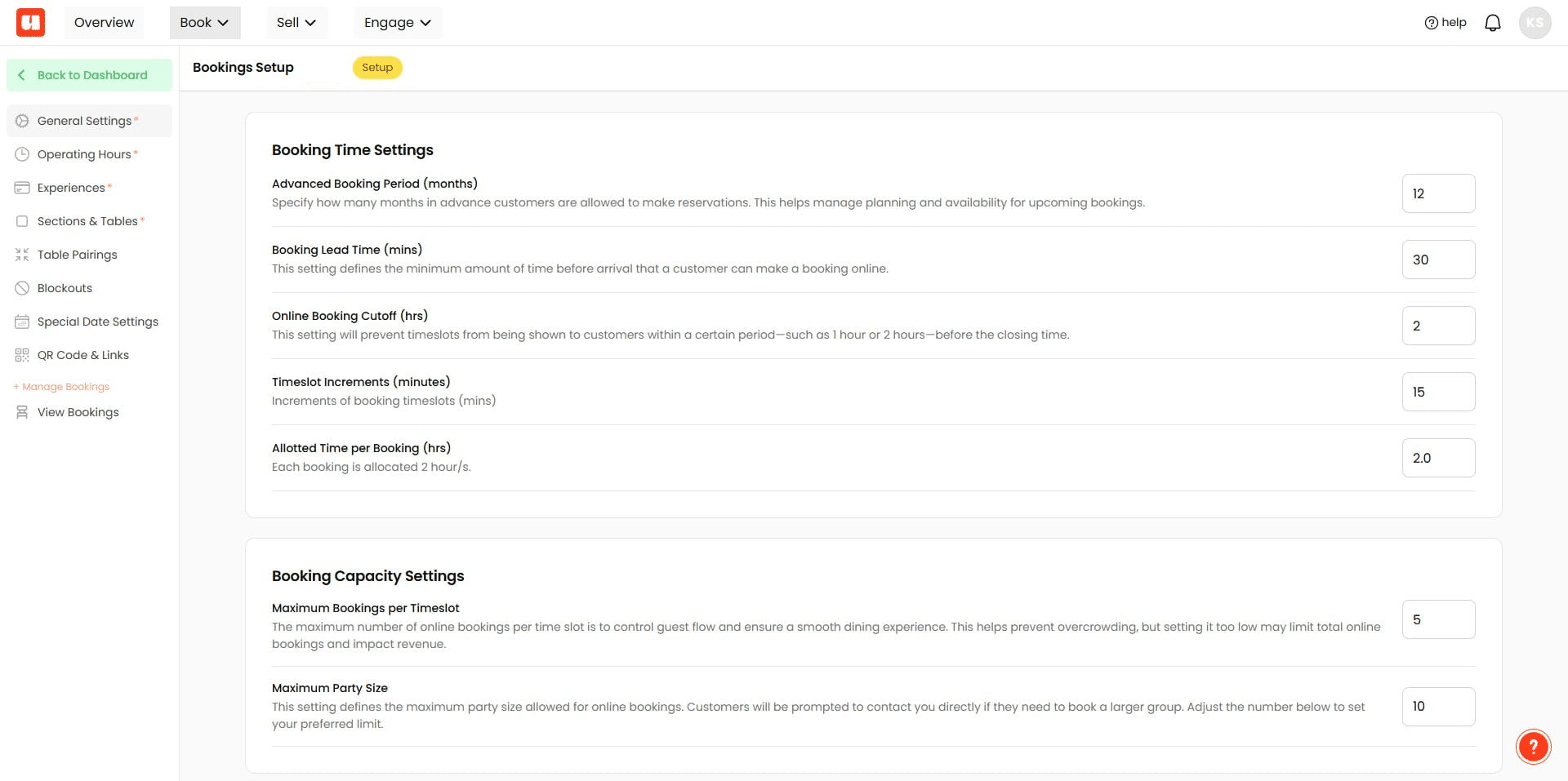 Bookings Setup has a number of sections you'll need to populate. Use the left menu to navigate each section. Items with an (\*) are required.