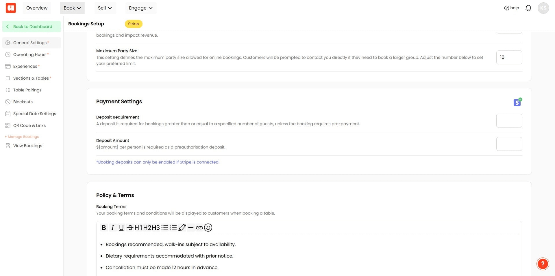 If you're wanting to use the Booking Guarantee Feature or take Upfront payments for any of your booking experiences. You'll need to setup a Stripe account. [Check out this guide for more](https://help.usefull.com.au/guides/e8453033-5e70-4ff9-97bc-54633b5aa3f4). 