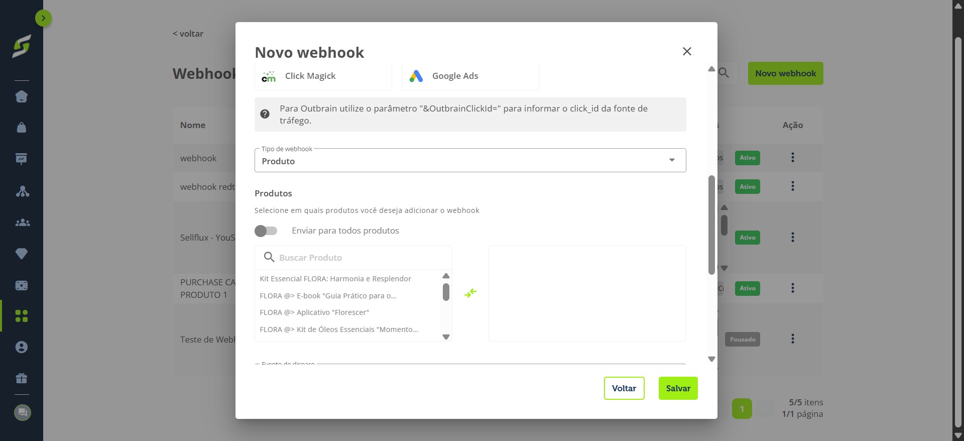 Selecione o tipo de webhook e defina se o envio será feito para **todos os produtos** ou apenas para **produtos específicos**.