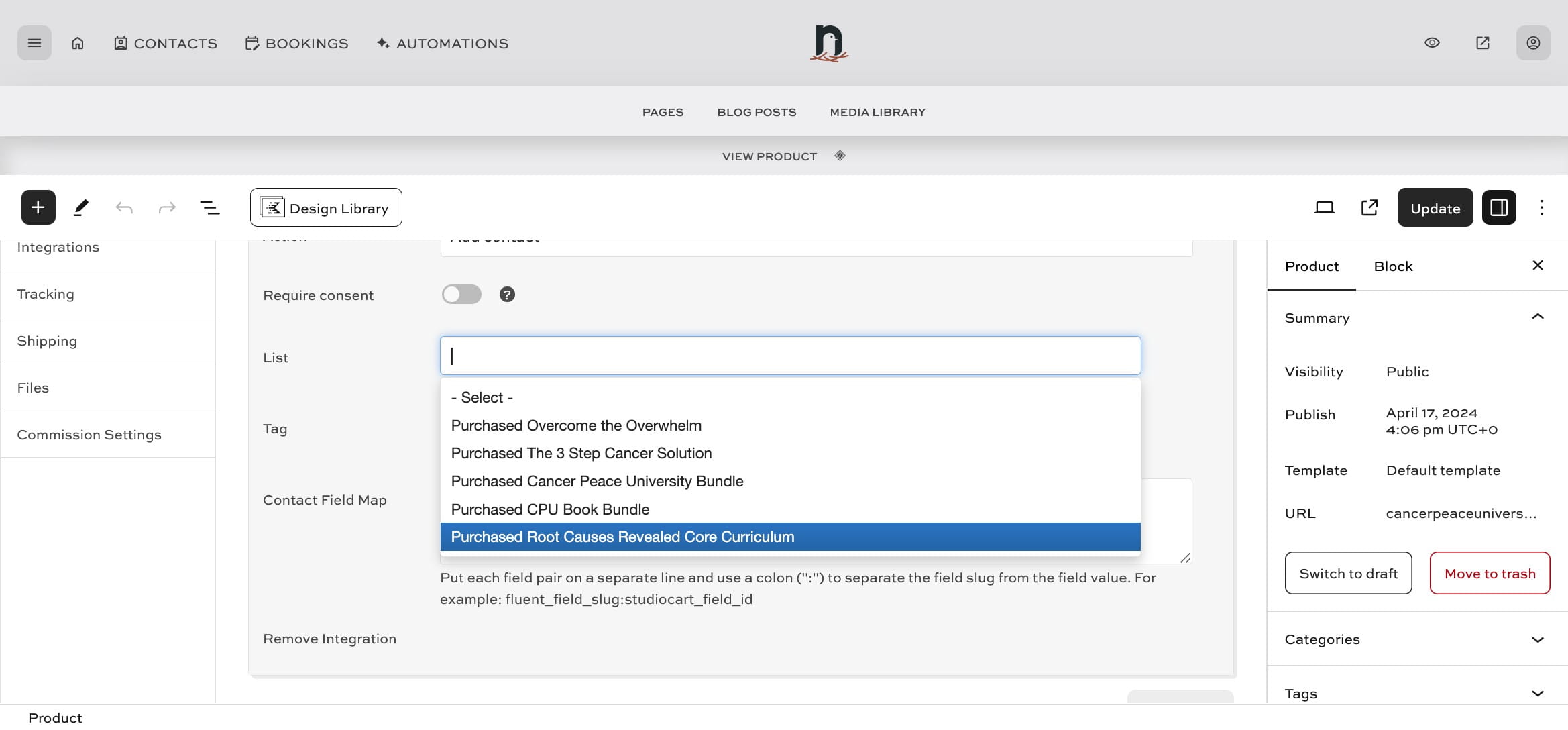 Under 'List' select the correct list for the product