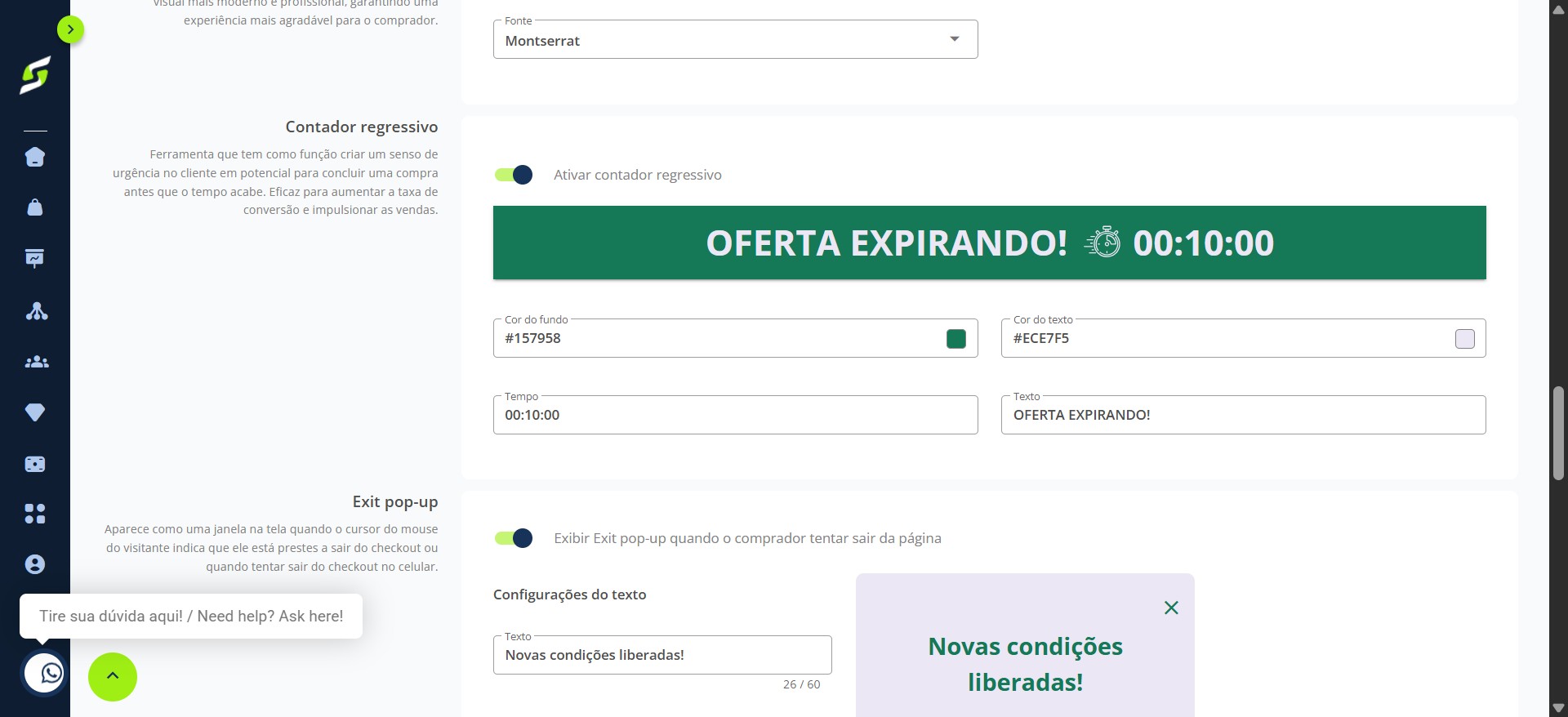 Aqui você pode configurar o seu contador regressivo, incluindo mudar o texto, o tempo, a cor de fundo e a cor do texto.