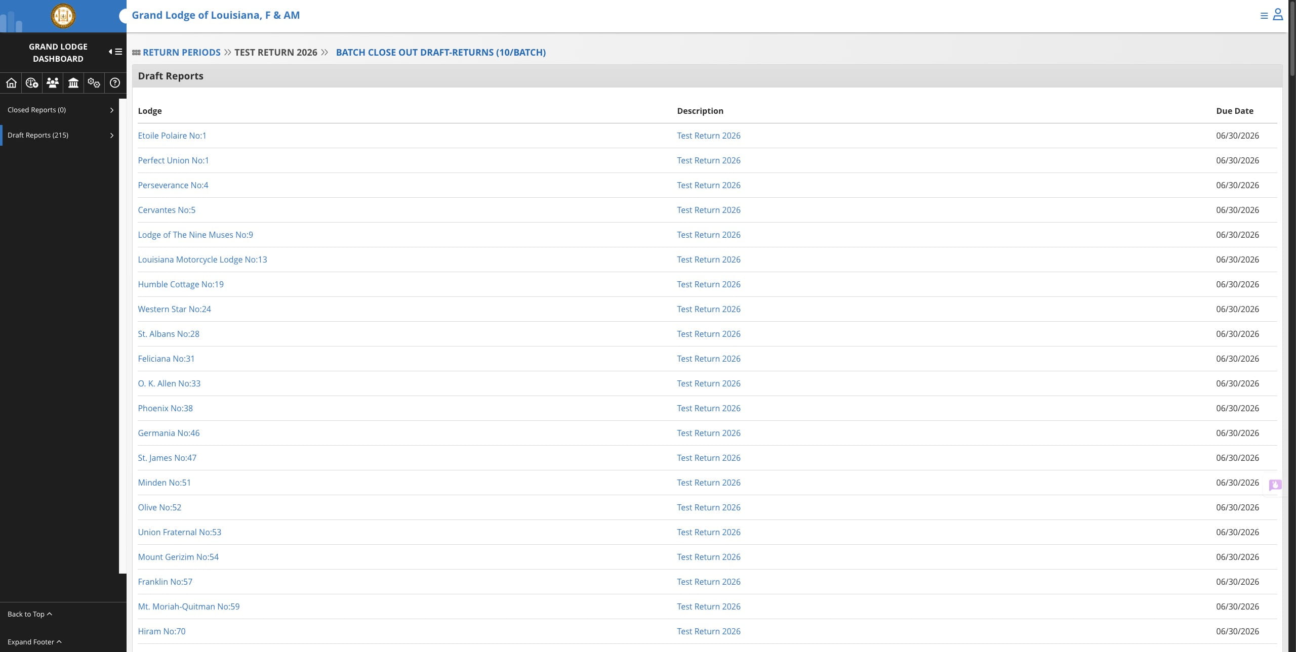 Click on "Batch close out draft-returns (10/batch)"