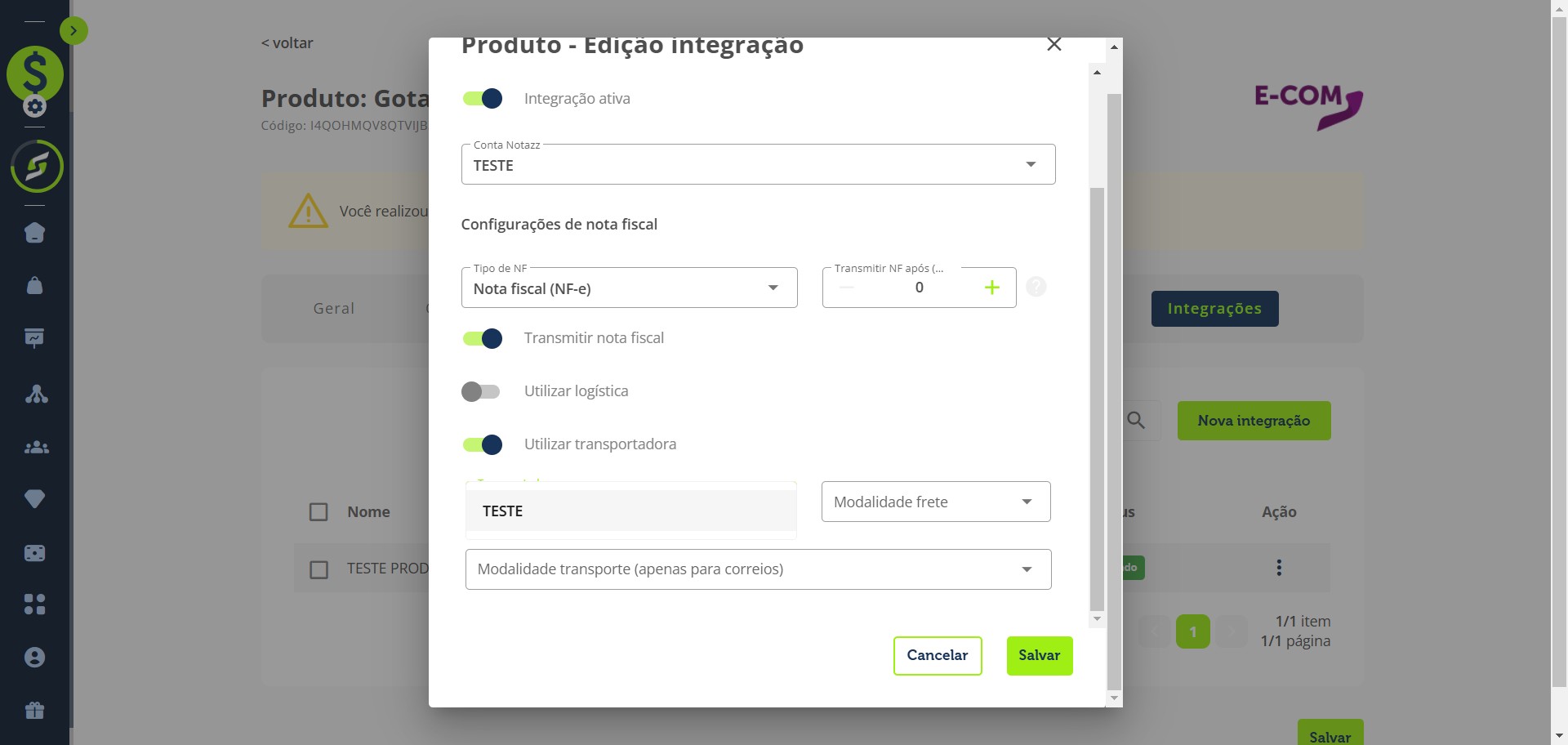 Selecione a transportadora já cadastrada