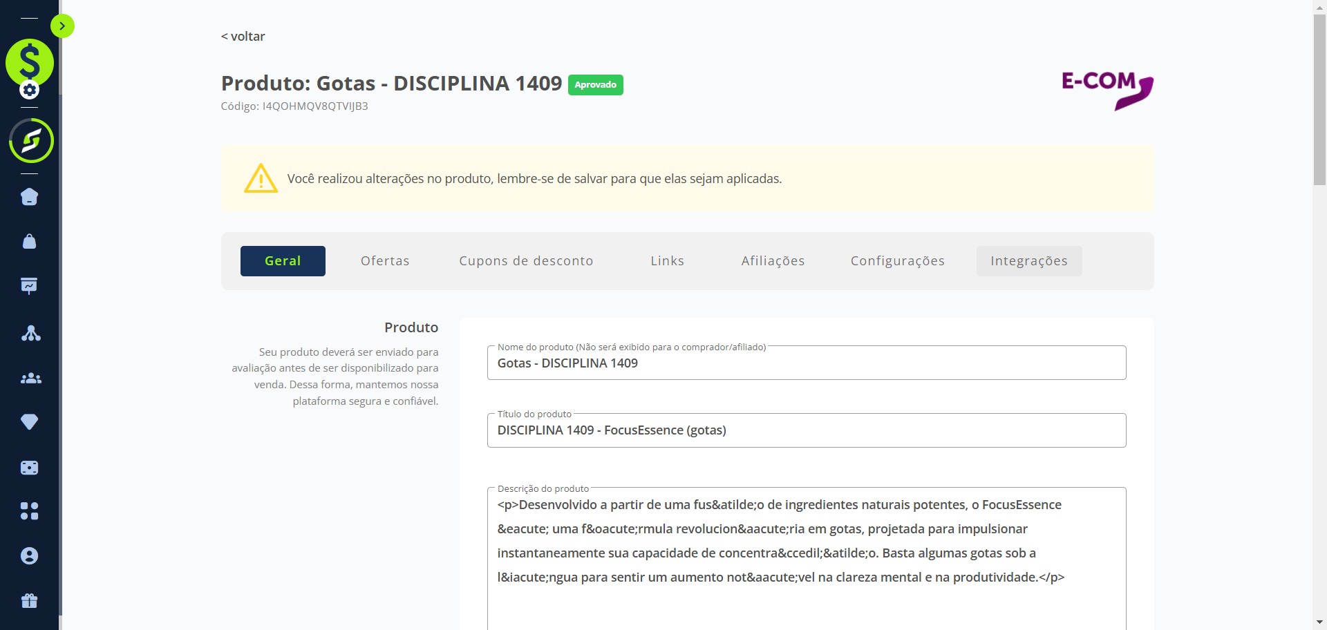 Dentro dos detalhes do produto, clique em "Integrações"