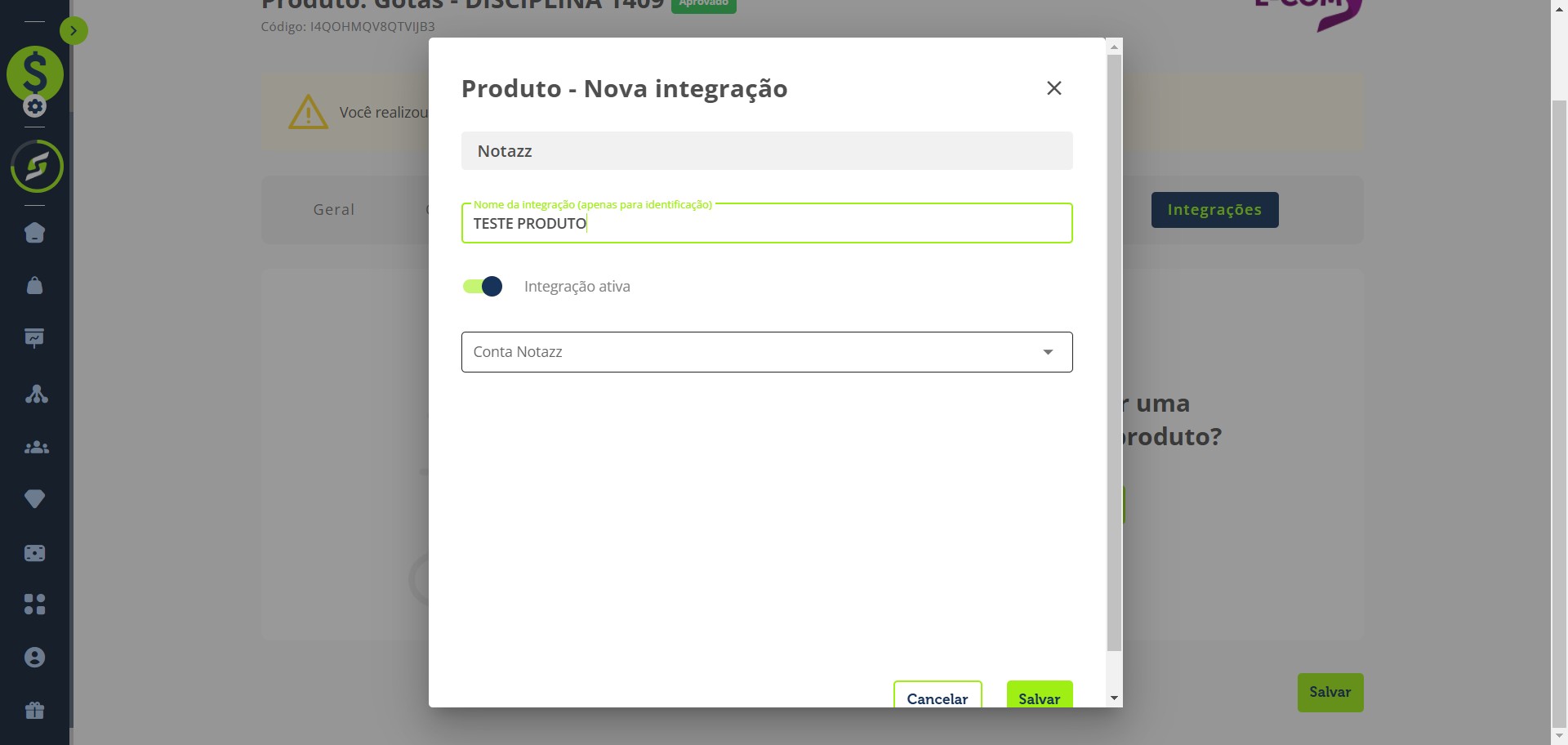 Selecione a conta Notazz já integrada com a YouShop para qual deseja realizar o envio dos seus pedidos